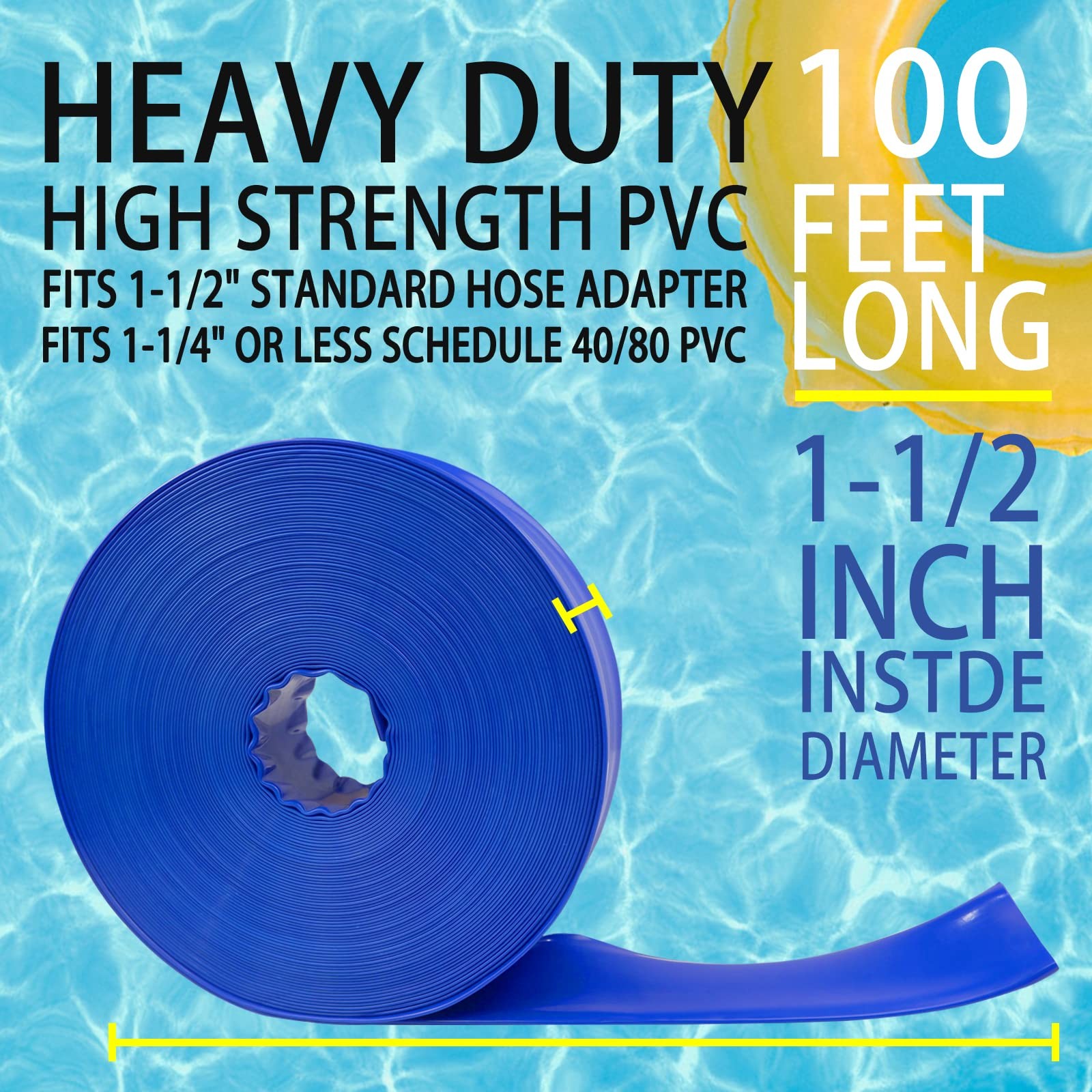 Poolvio 1-1/2&Prime; x 100&prime; Professional Blue Backwash Hose x 100 ft,