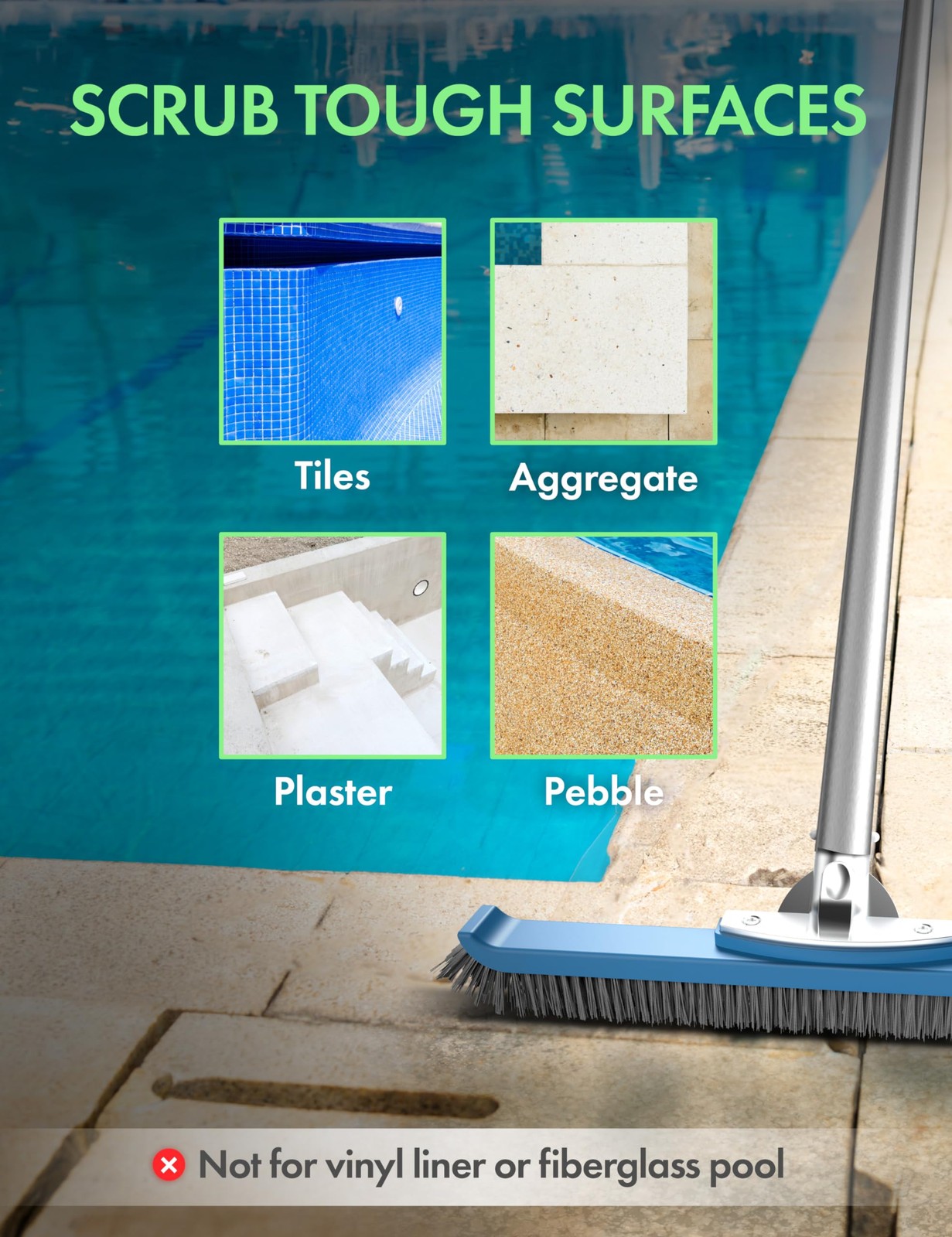 KEMANO Heavy Duty Pool Brush Head for Tough Surfaces Abrasive Cleaning