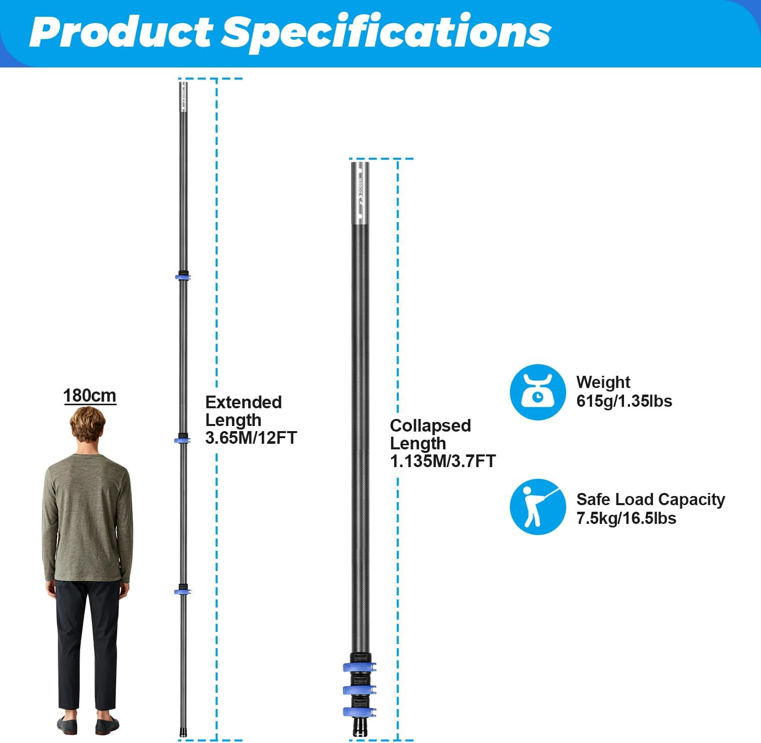 Carbon Fiber 12FT Adjustable Telescopic Pool Pole with Quick-Release Lock – Comp