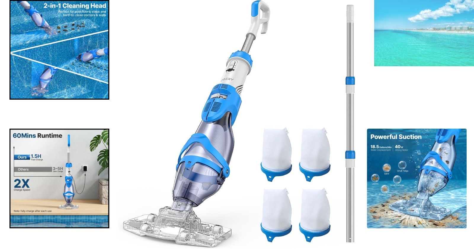 Versatile Cordless Pool Cleaner with 3 Filter Bags & Adjustable Suction Power