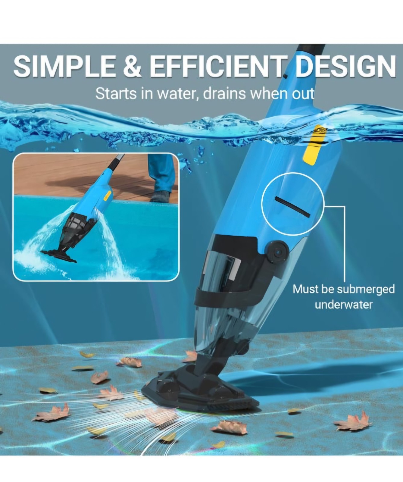 Handheld Pool Vacuum Cordless Rechargeable 60 Min, Charger Floor Brush Pole