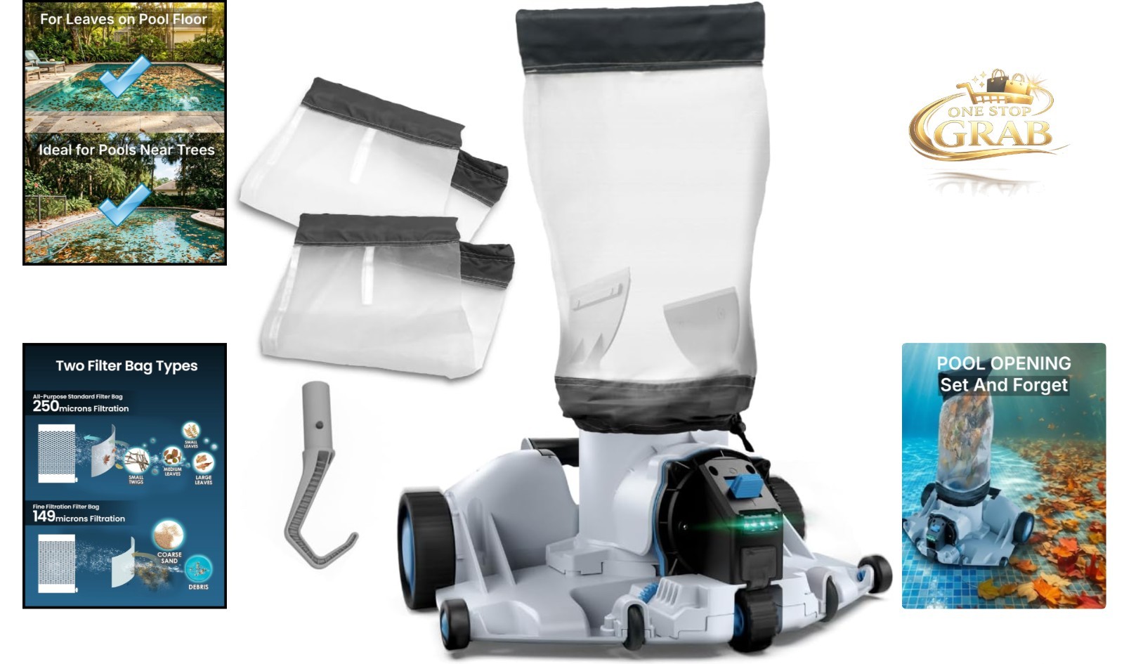 Heavy-Duty Battery Pool Leaf Vacuum Cleaner 1.85 Gal Bag 360° Suction