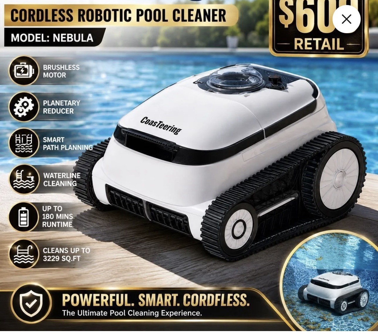 CoasTeering Ultra Nebula Cordless Robotic Pool Cleaner 5580 GPH 180-Min Runtime