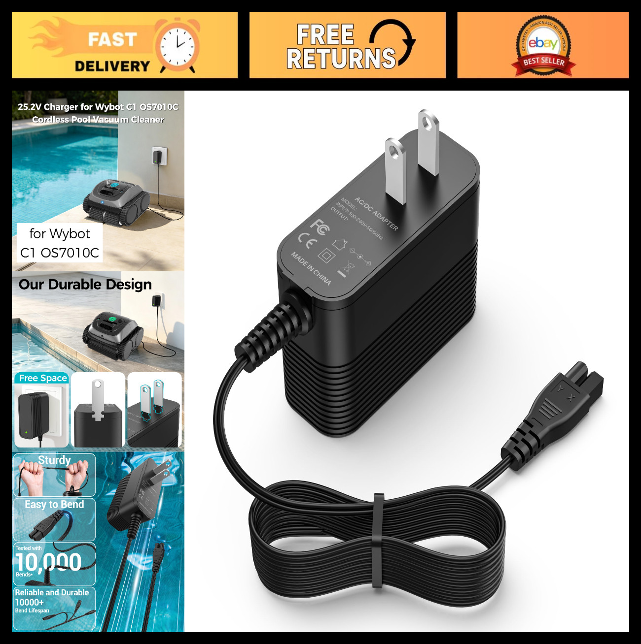 Cordless Robotic Pool Cleaner Charger | 25.2V Power Supply Replacement Parts