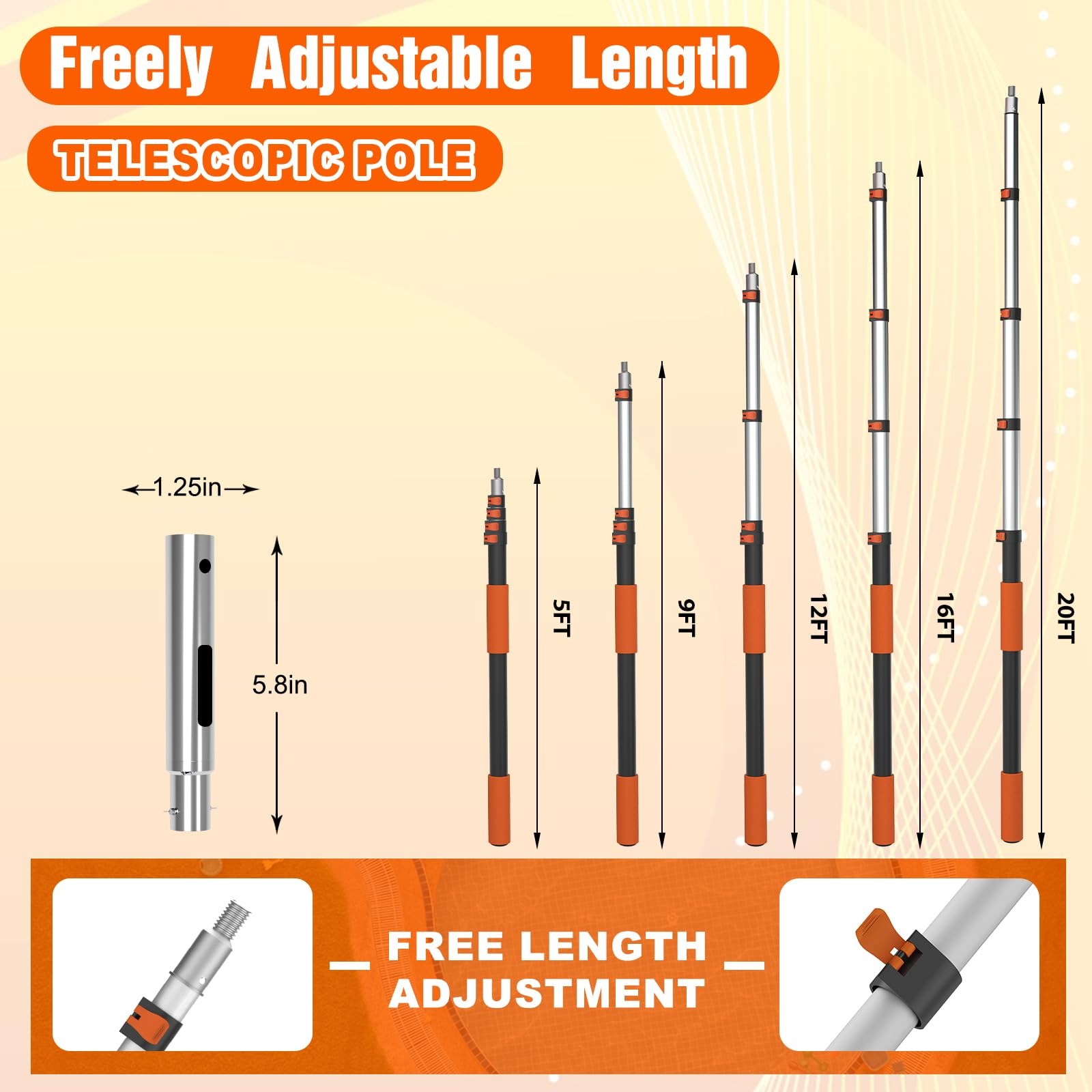 20FT Telescopic Pool Pole Heavy Duty Adjustable Aluminium for Skimmers &