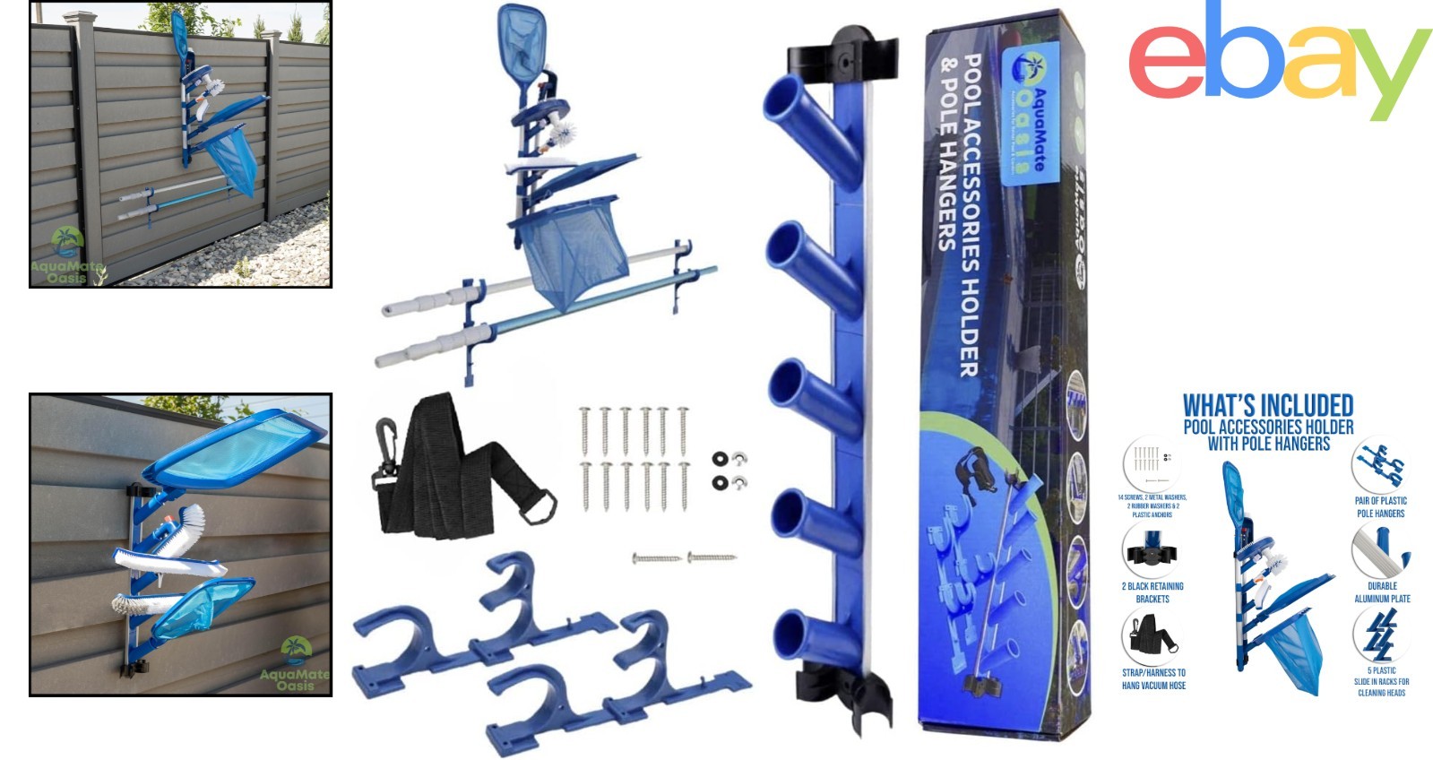 Swimming Pool Accessory Holder with Wall Mount for Skimmer and Vacuum Tools