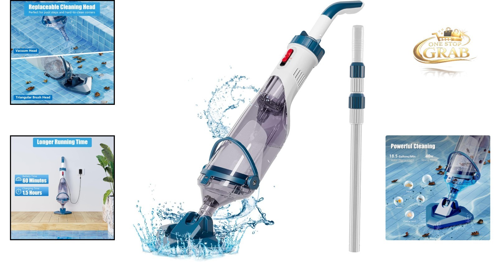 Battery Powered Pool Vacuum Handheld Telescopic Pole 18.5GPM Blue