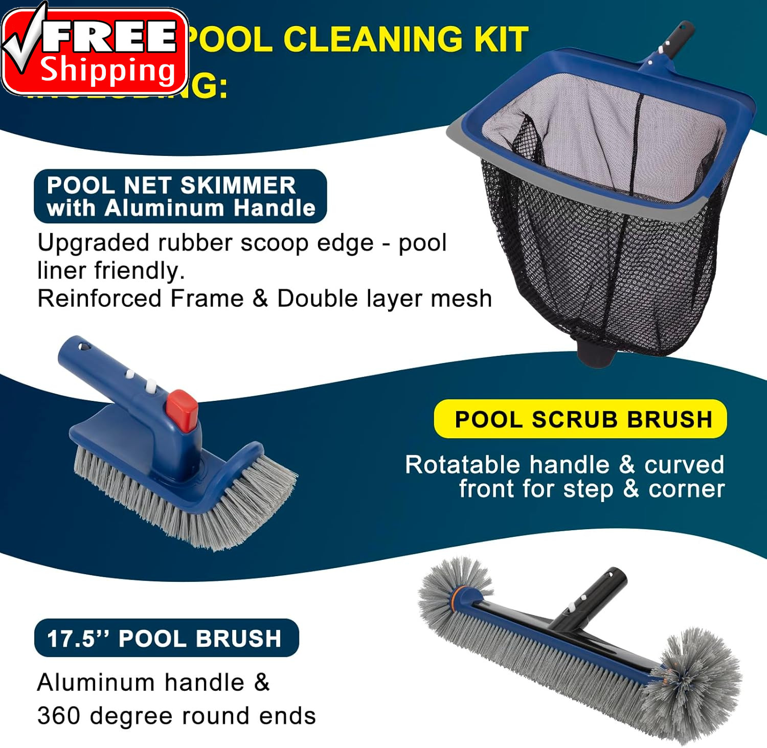 Deluxe Swimming Pool Cleaning Kit Including Pool Skimmer Net with Rubber Edge, 1