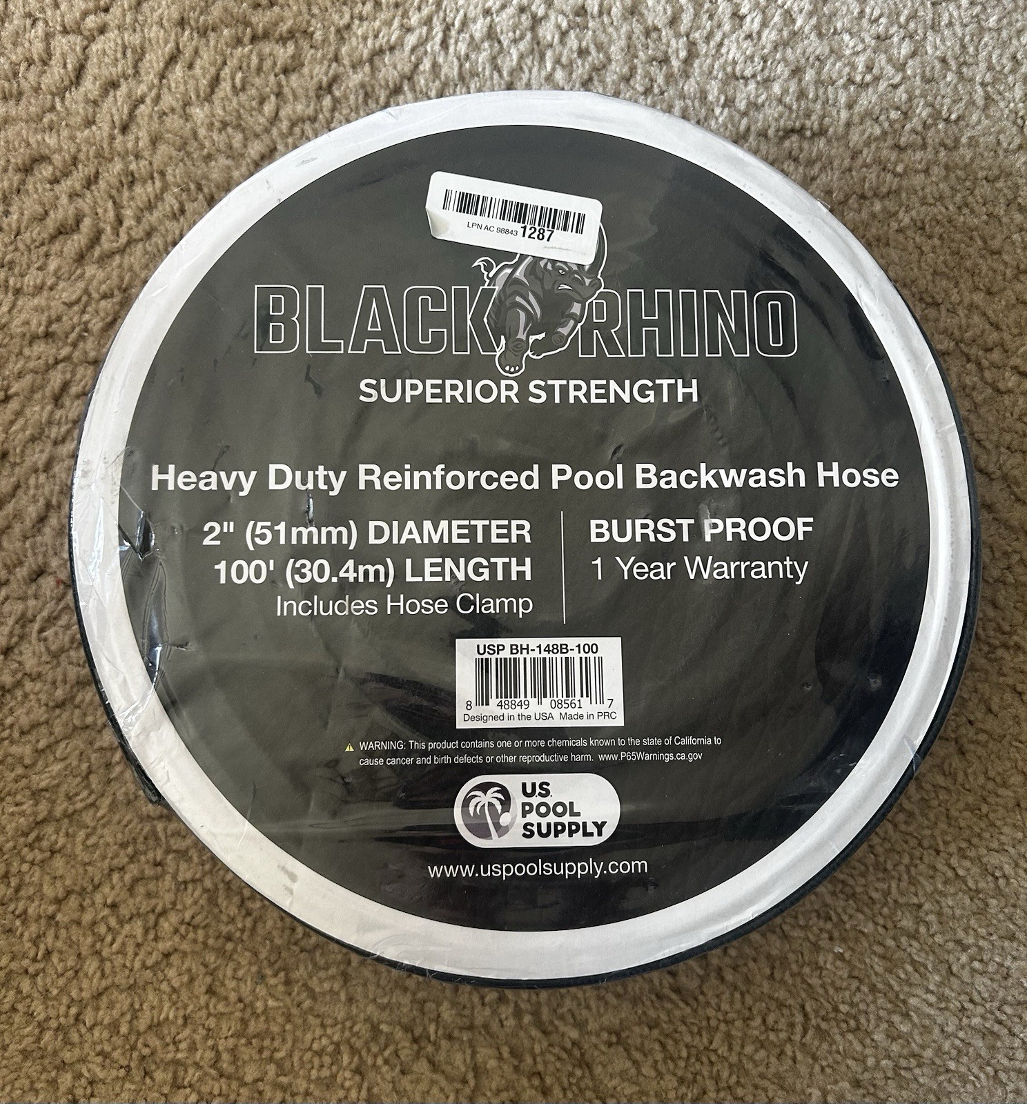 U.S. Pool Supply Black Rhino 2&Prime; x 100&prime; Pool Backwash Hose with Hose Clamp