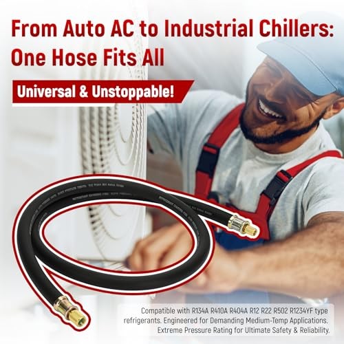 High Flow HVAC Vacuum Hose 1/2&Prime; ID – 3/8&Prime; to 1/4&Prime; Fittings, 6FT Refrigerant
