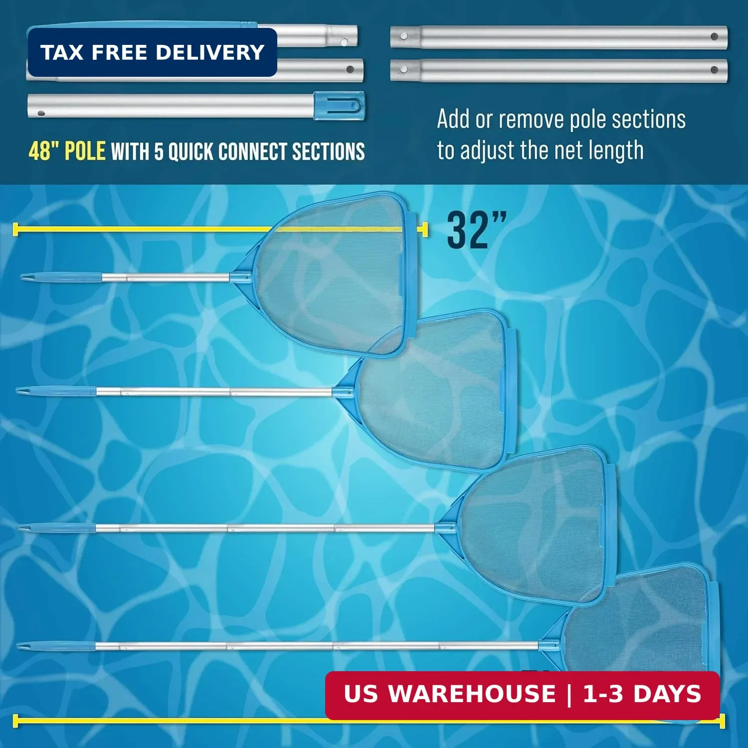 U.S. Pool Supply Pool and Spa Skimmer Net with Pole, Handheld Fine Mesh Pool Ski