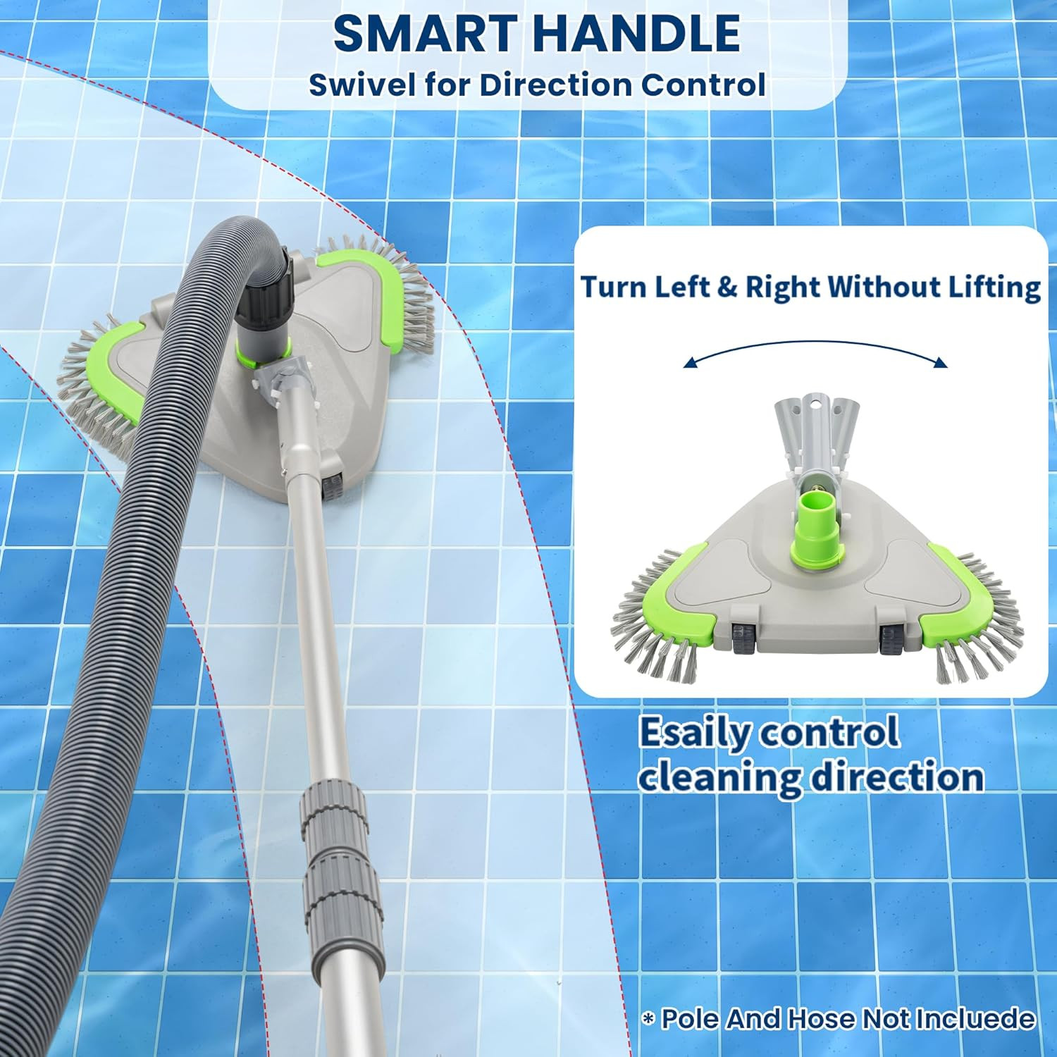 Sepetrel Upgraded Pool Vacuum Head with Wheels,Smart Swivel Handle & Swivel Hose