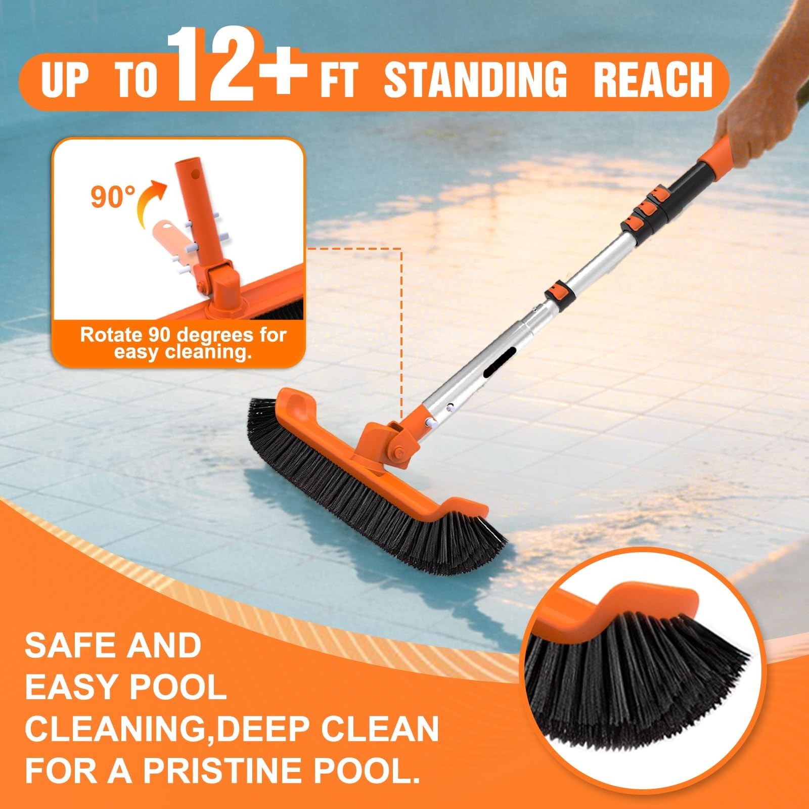 Heavy Duty 12FT Telescopic Pool Brush & Pole, 18&Prime; Scrubber for Walls & Floors