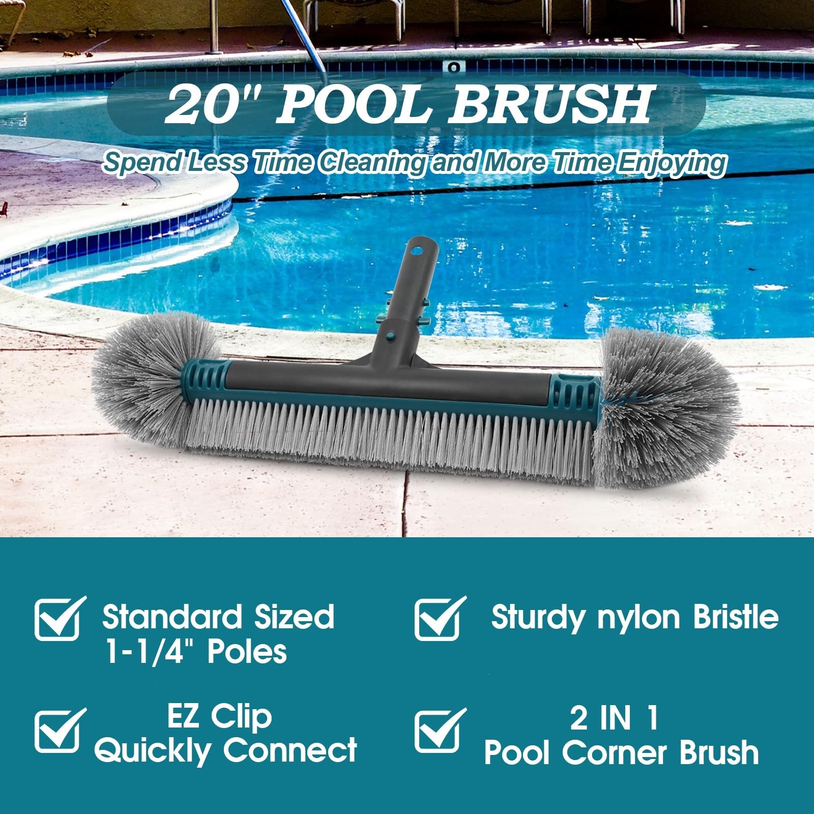 20&Prime; Detachable Pool Brush Head with Durable Nylon Bristles & EZ Clip Handle – Fa