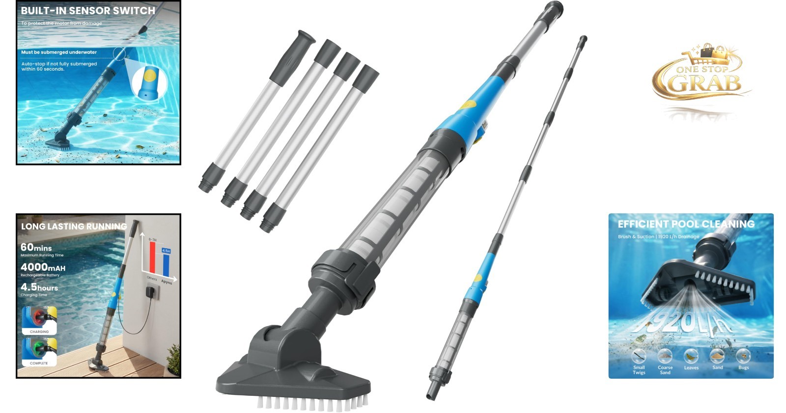 2026 Upgraded Cordless Pool Vacuum 18 GPM Strong Suction Lightweight Blue