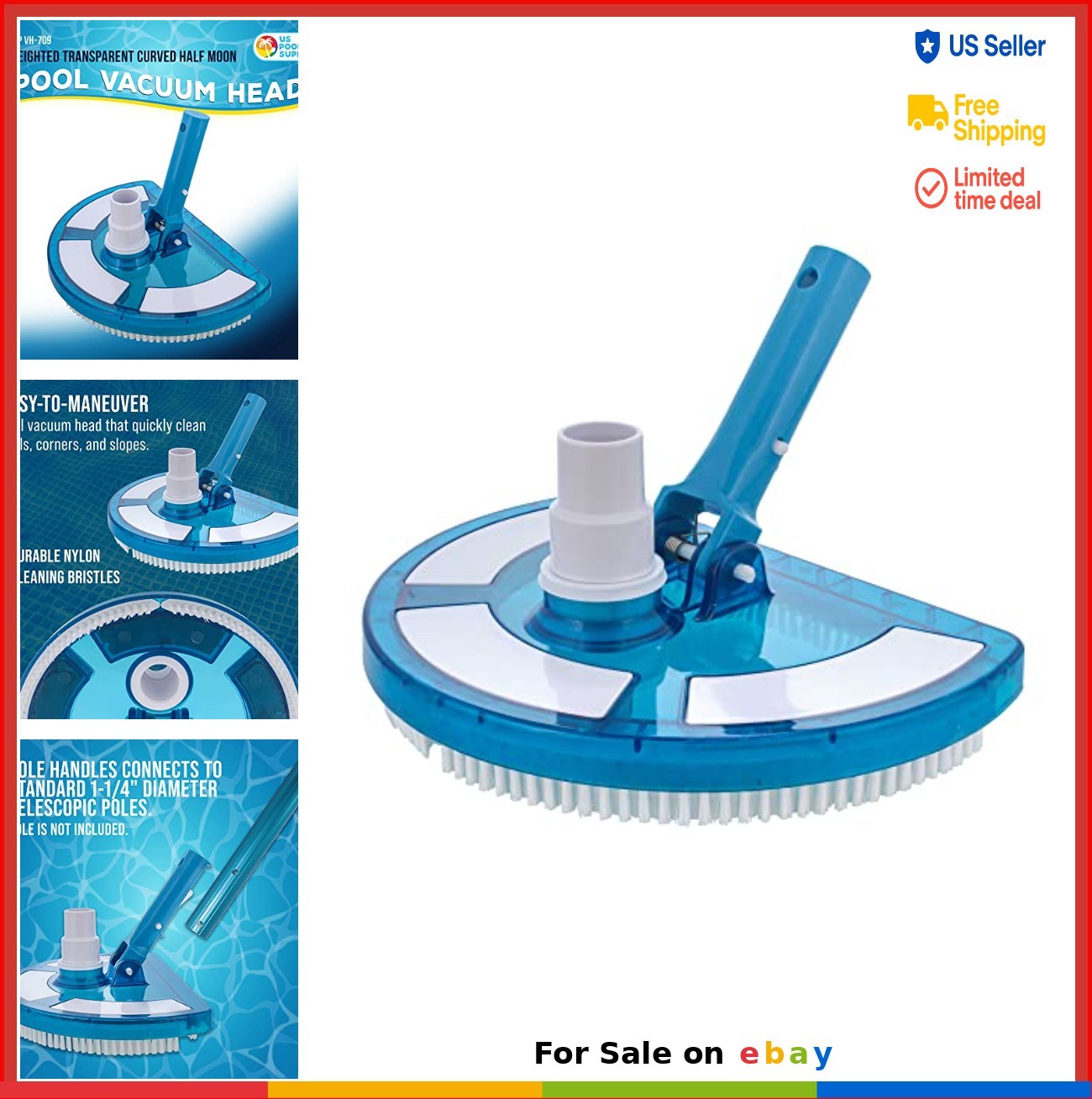 Weighted Pool Vacuum Head 10.5 Inch Curved Half Moon Blue Nylon Bristles Above