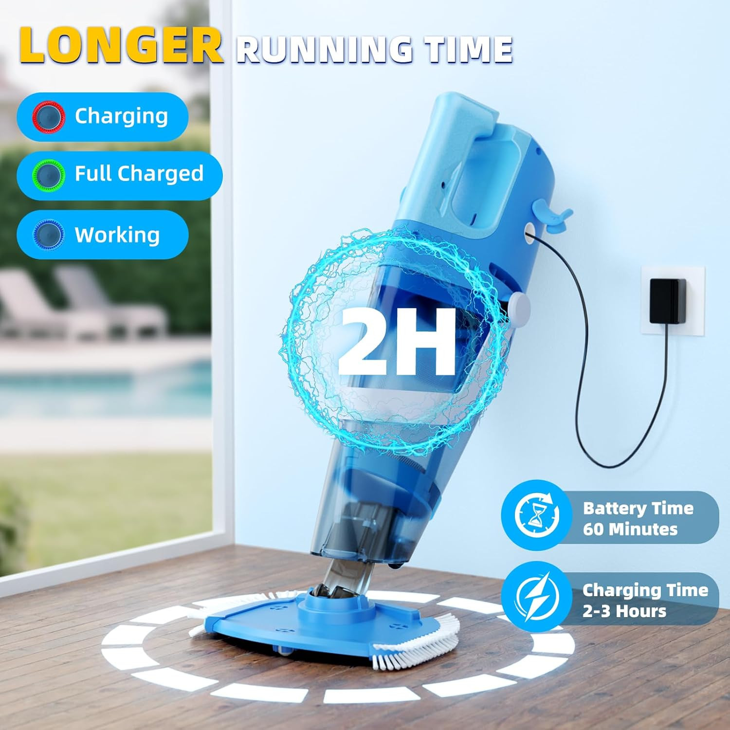 Cordless Pool Vacuum above & Inground Pools, Powerful 1590 GPH Suction,Handheld