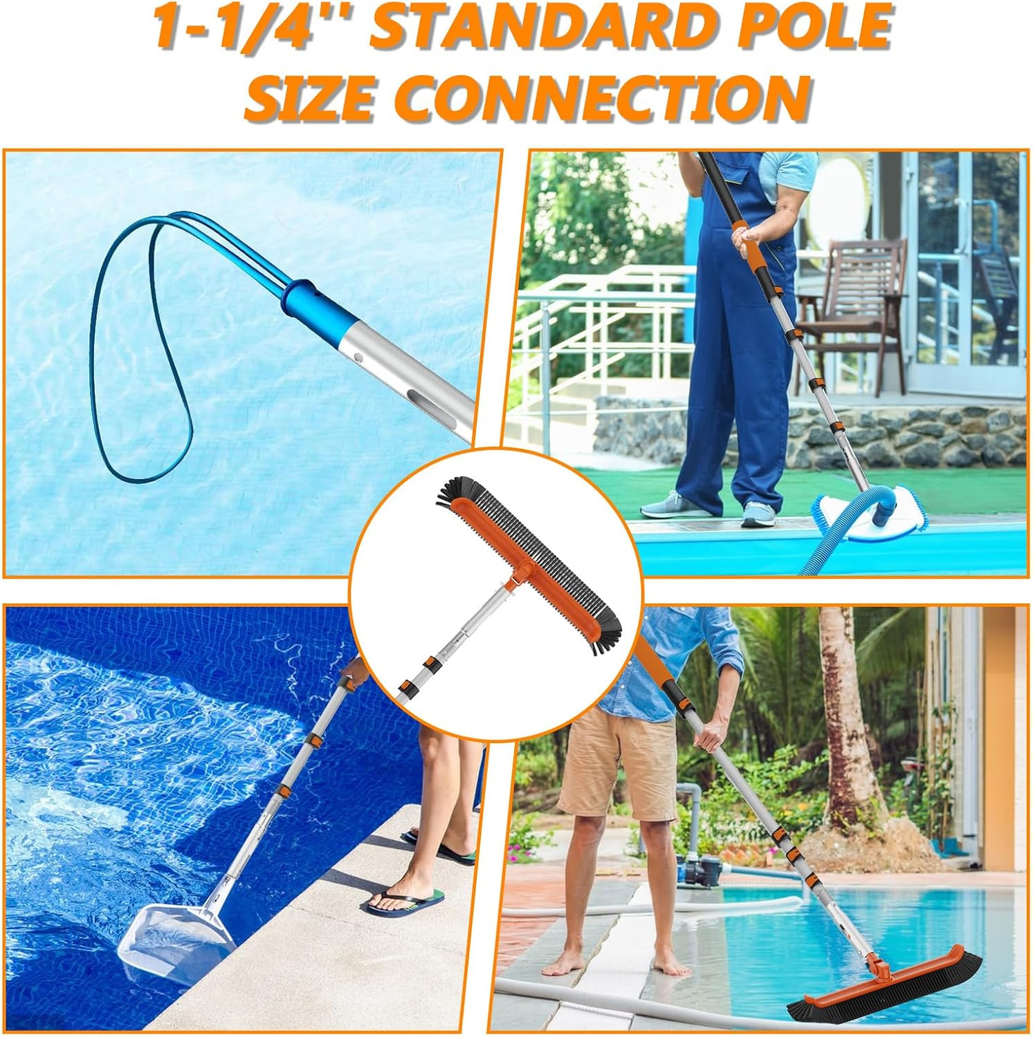 16FT Telescoping Pool Pole with 19&Prime; Brush – Heavy Duty Aluminum, Universal Fit