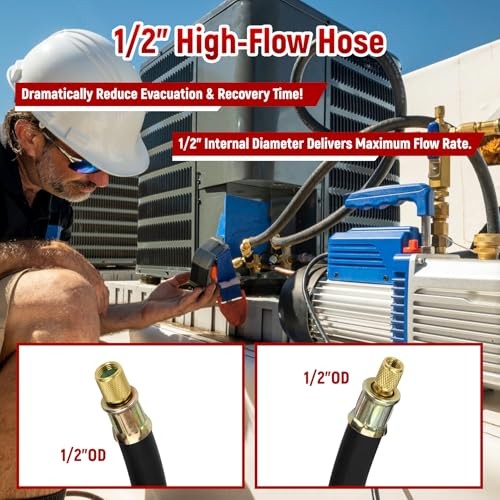 High Flow HVAC Vacuum Hose 1/2&Prime; ID – 3/8&Prime; to 1/4&Prime; Fittings, 6FT Refrigerant