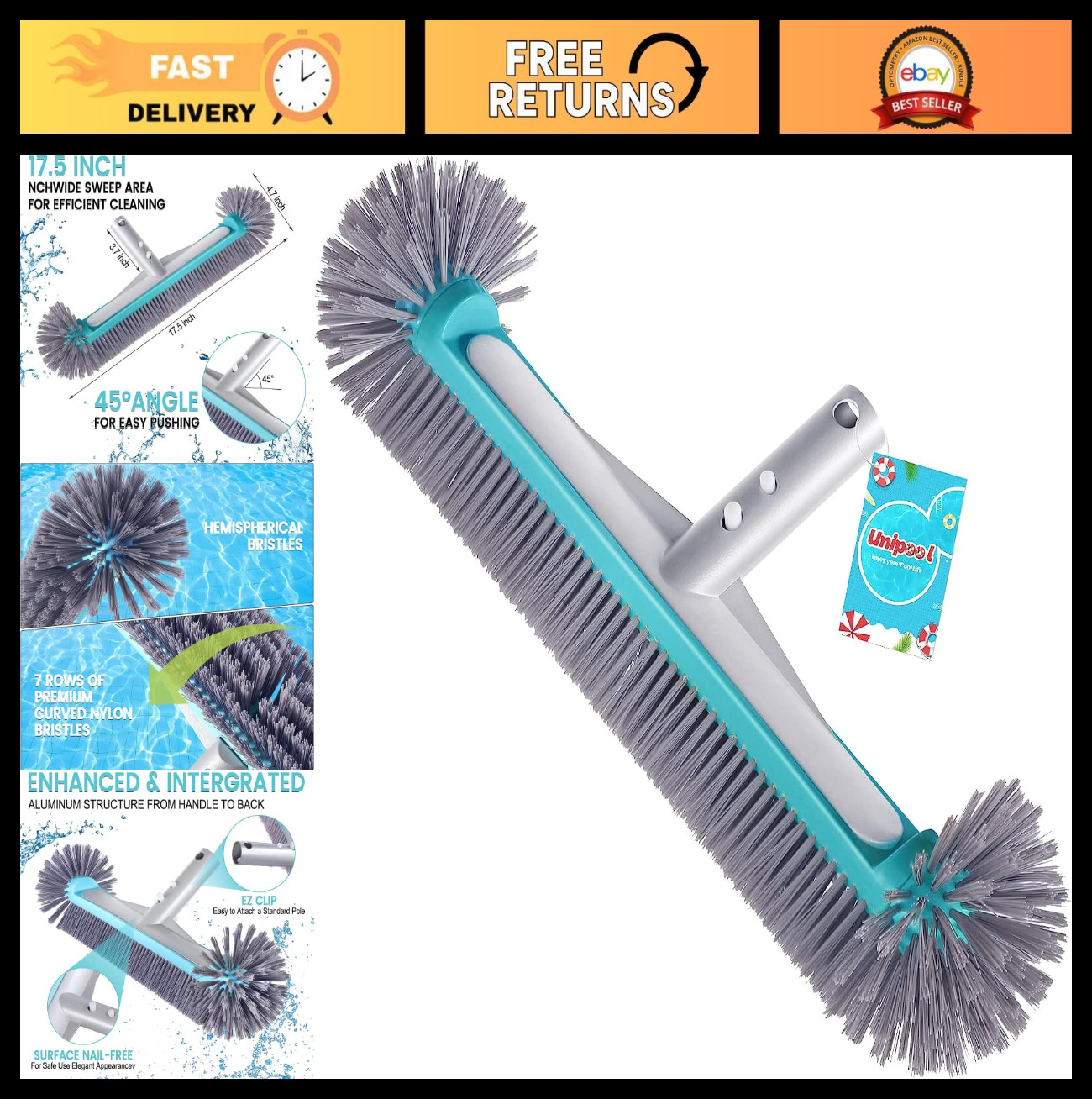 Heavy Duty 17.5&Prime; Swimming Pool Brush Head – Aluminum, Nylon Bristles, EZ Clips