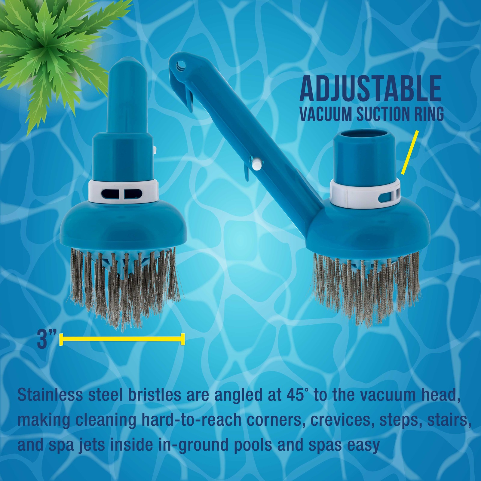 U.S. Pool Supply Corner Vacuum Brush, Stainless Steel Bristles, Adjustable Ring