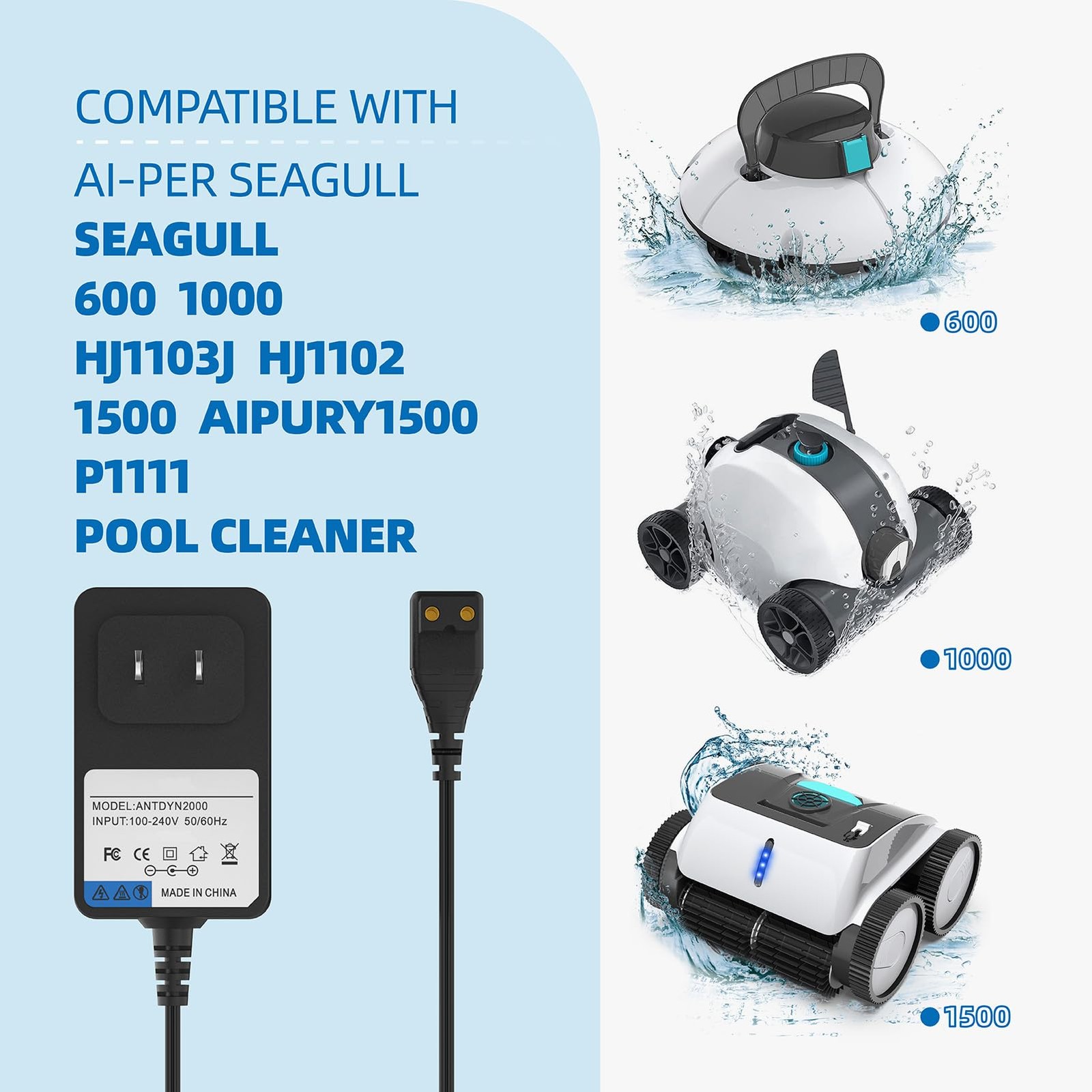 Charger for Aiper Seagull 600 1000 HJ1102 AIPURY1500, 12.6V black