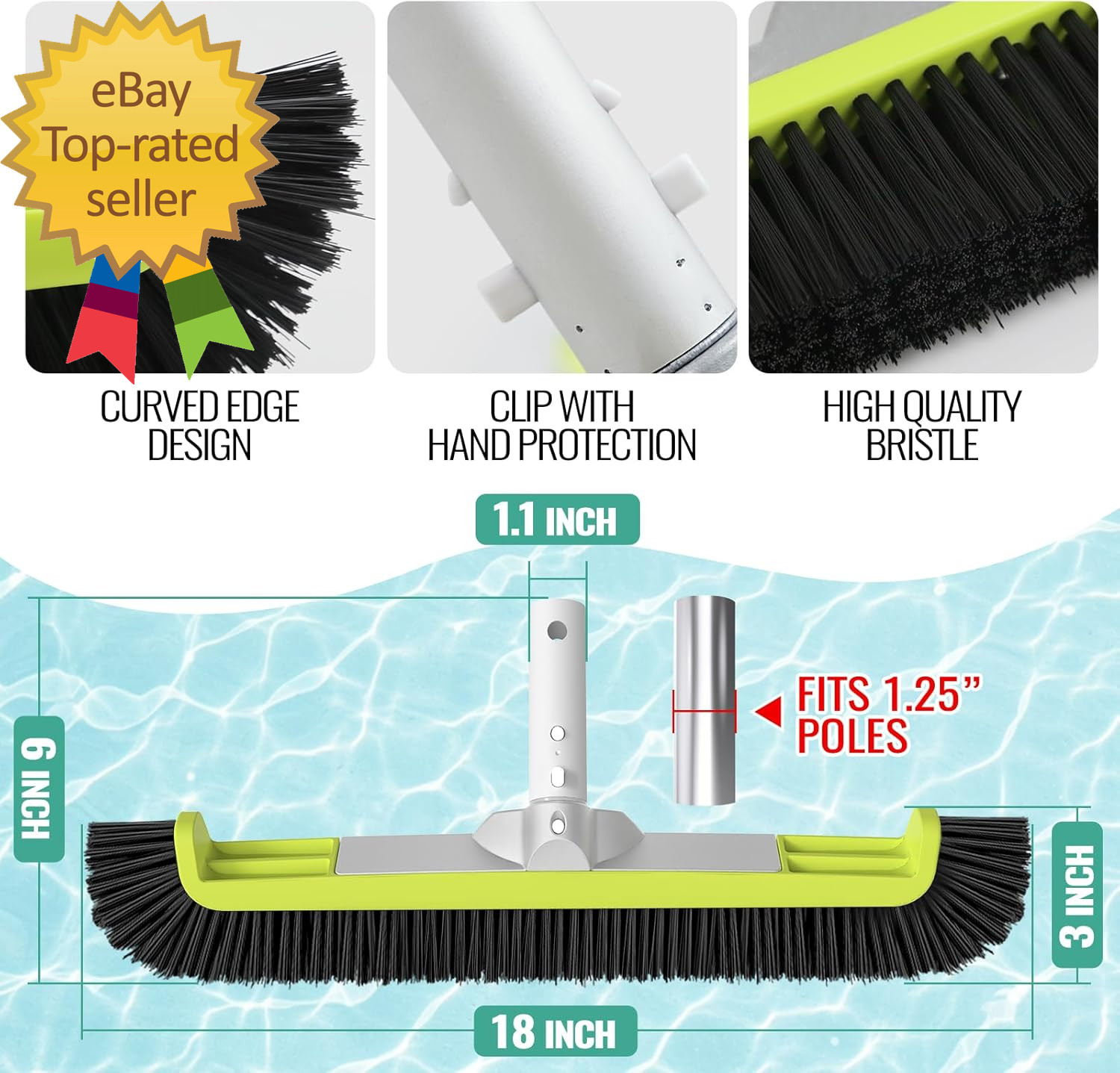 18&Prime; Pool Brush Head for Cleaning Swimming Pool Walls, Curved Ends High-Efficienc