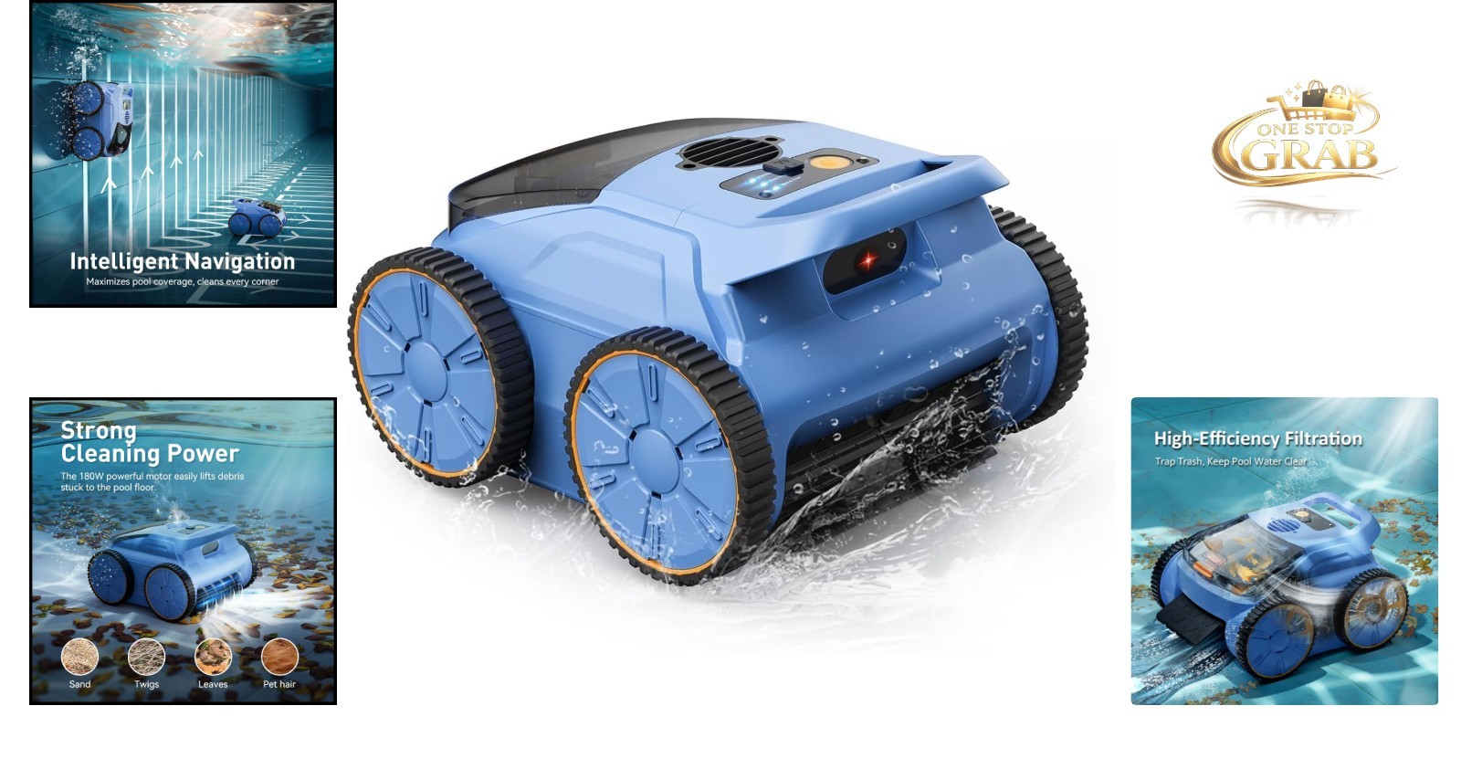 Cordless Robotic Pool Cleaner Wi-Fi App Control 180 Min Runtime Sky Blue