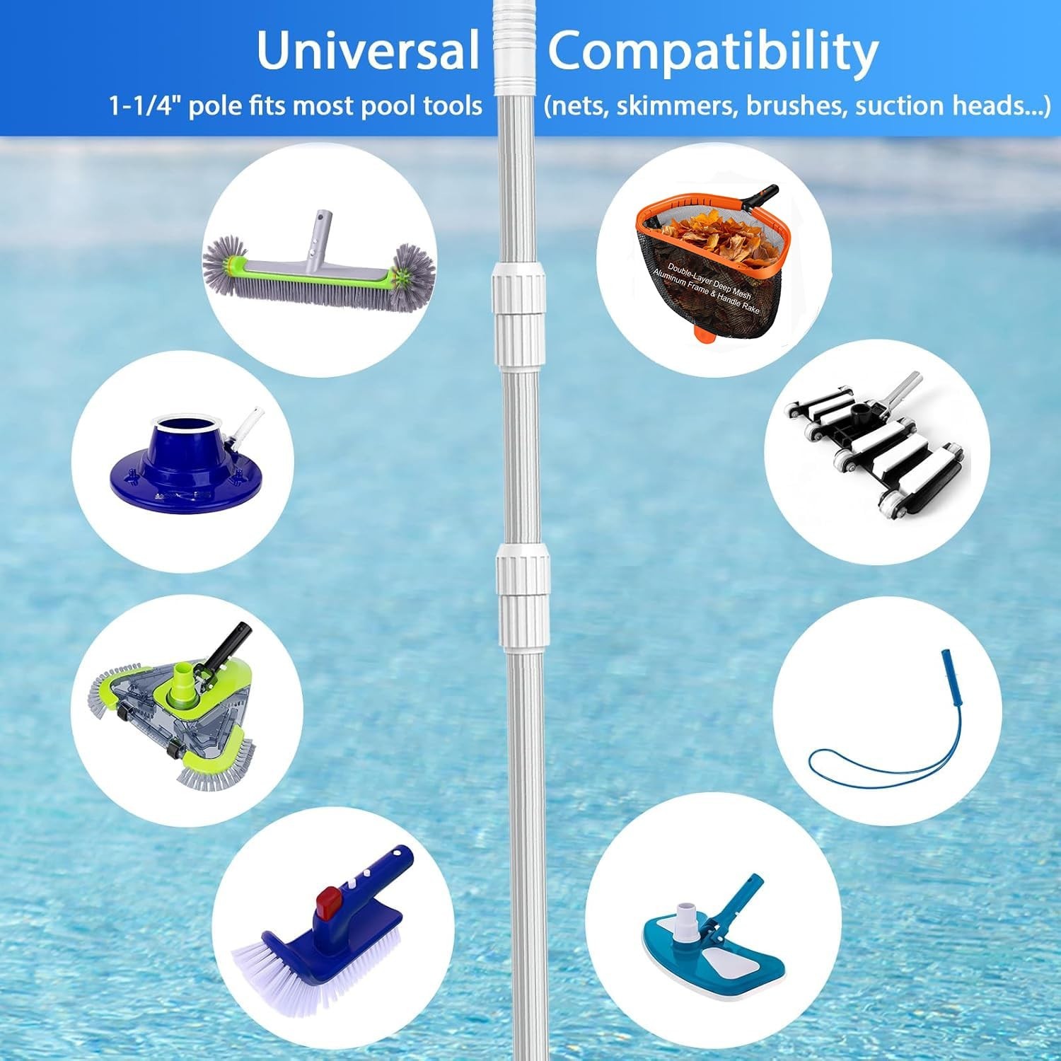 15FT Heavy Duty Telescopic Pool Pole – Adjustable 3-Piece Skimmer & Cleaning Too