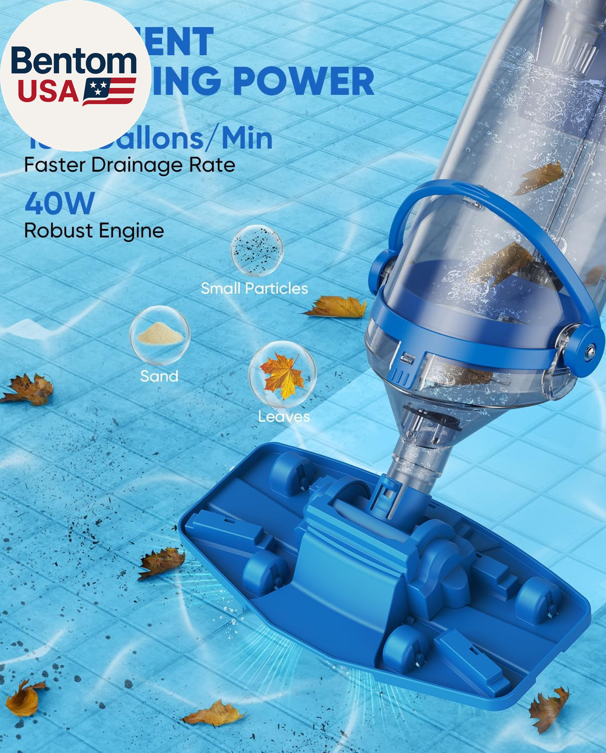 Cordless Pool Vacuum with Telescopic Pole, 18.5 GPM Powerful Suction, 1.5H Super