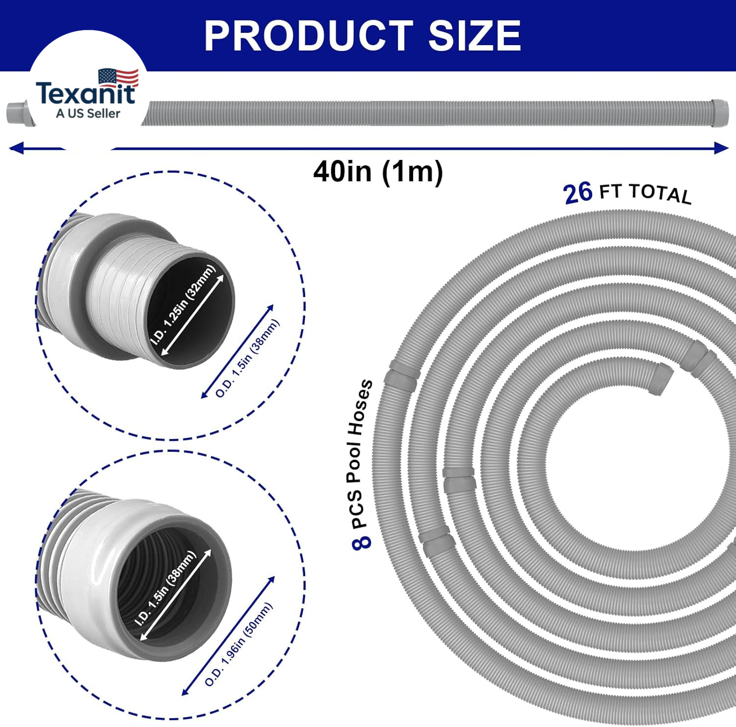 Professional Swimming Pool Vacuum Cleaner Hose -1.5” 8 Piece Hoses for Pool Vacu