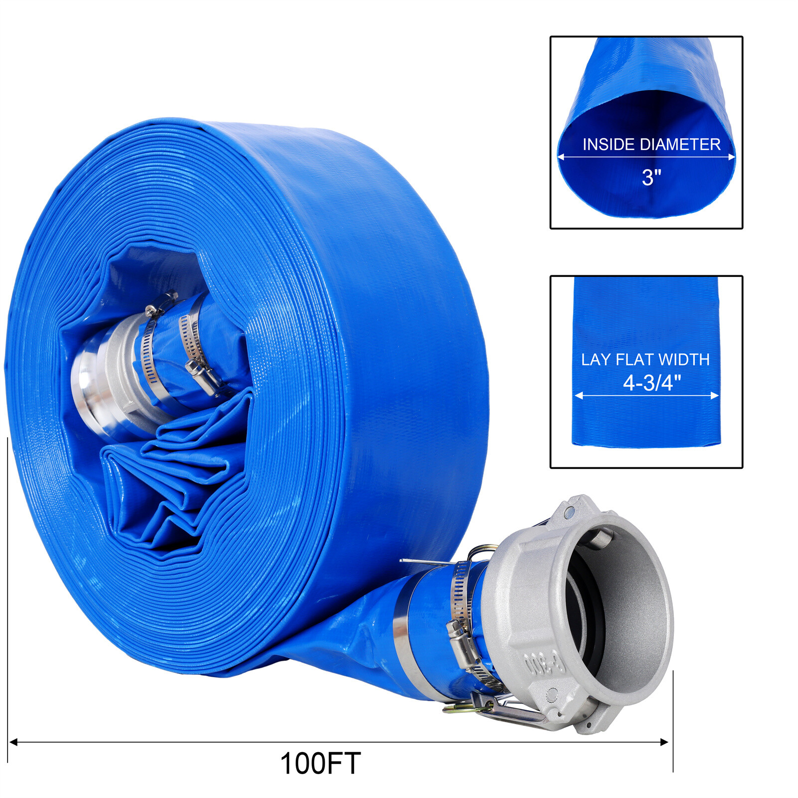Discharge Hose 3&Prime;x 100FT PVC Lay Flat Hose Backwash Drain Hose w/ Clamps