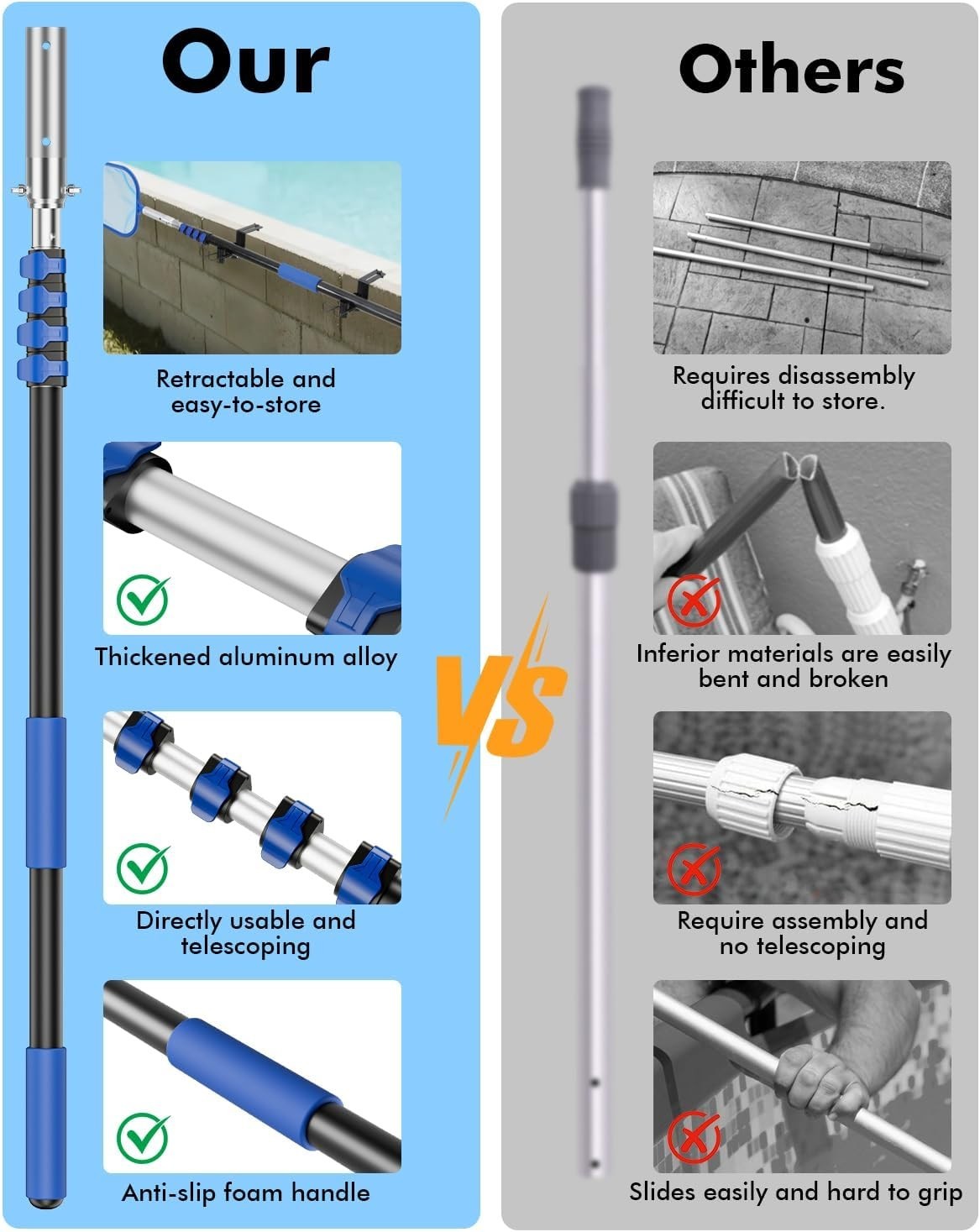 16FT Adjustable Pool Cleaning Pole – Lightweight Aluminum with Anti-Slip Grip