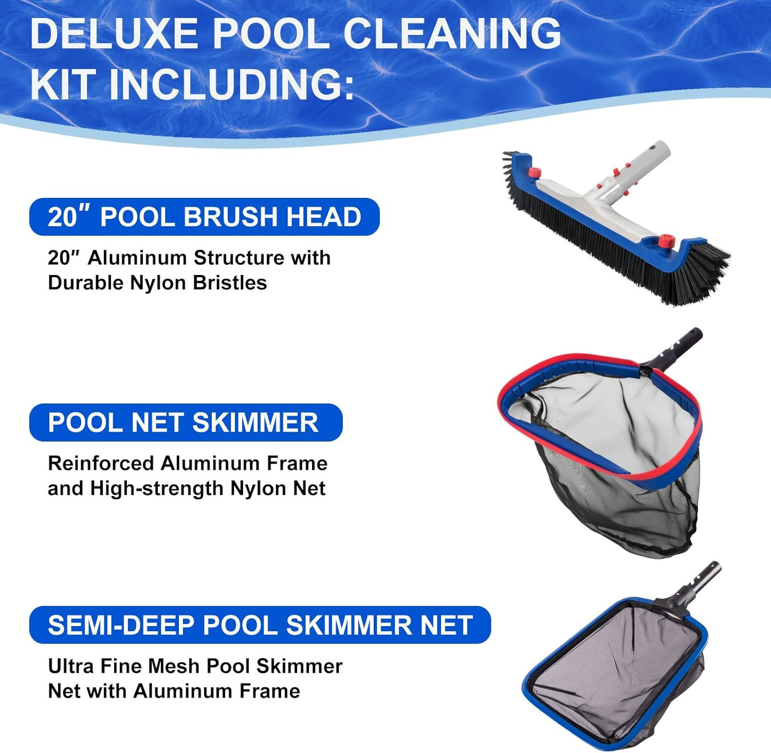 Deluxe Swimming Pool Cleaning Kit Including 20 » Pool Brush Head & Heavy Duty Po