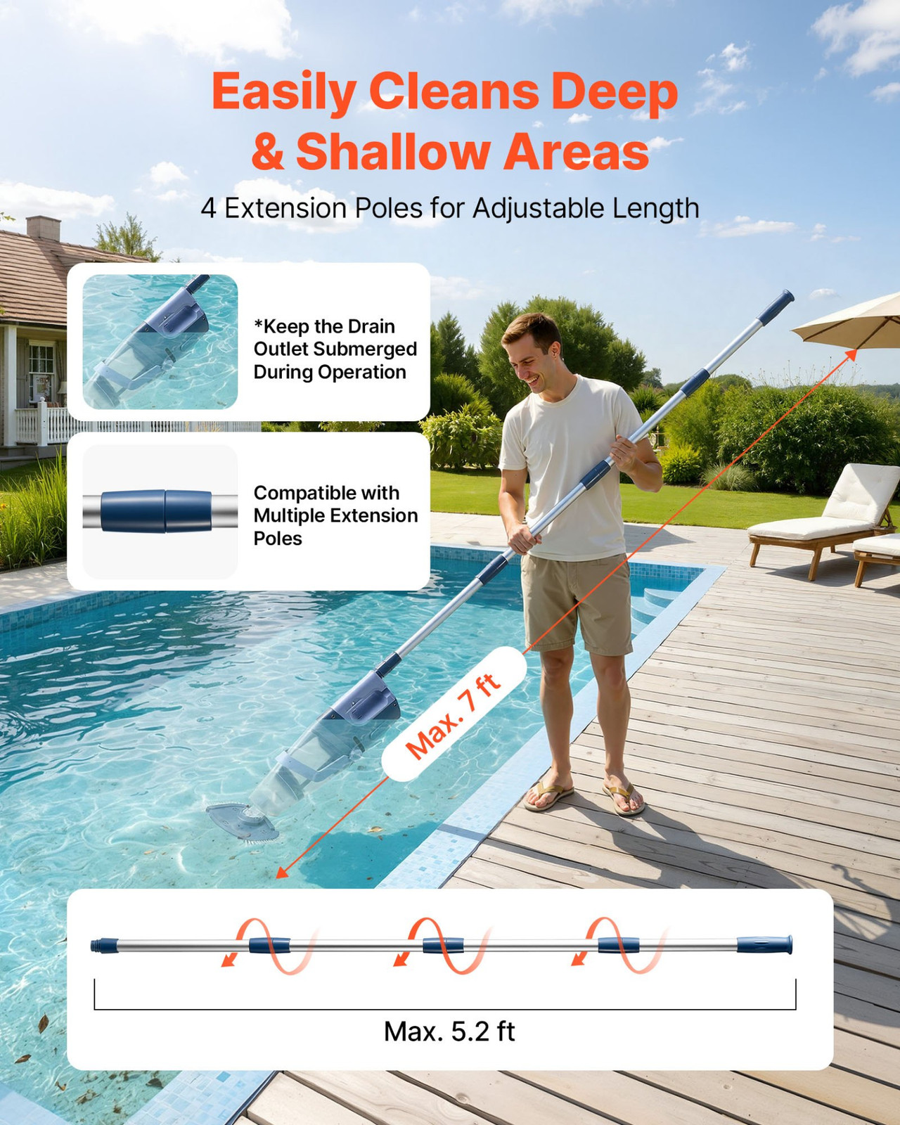 Cordless Pool Vacuum 26 GPM Rechargeable Spa Hot Tub Cleaner w/ Extension Pole