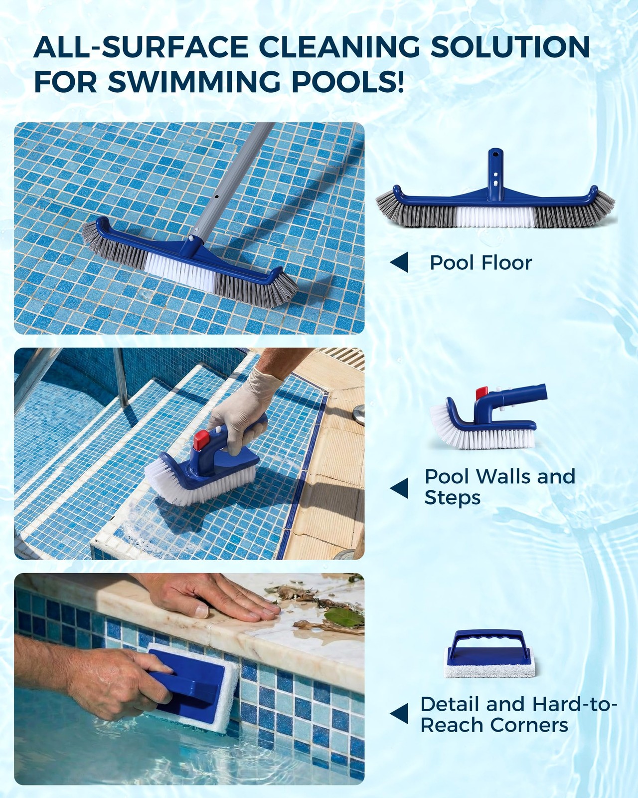 3-in-1 Full-Coverage Pool Brush Head Set – 17.5 inches, Blue, White, Grey