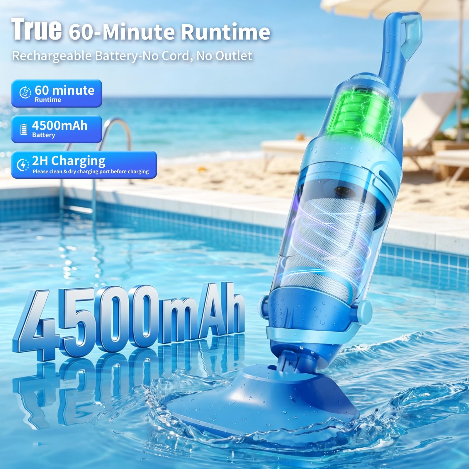 Cordless Pool Vacuum for Inground & Above Ground Pools: Ocean Blue(23.8 GPM)