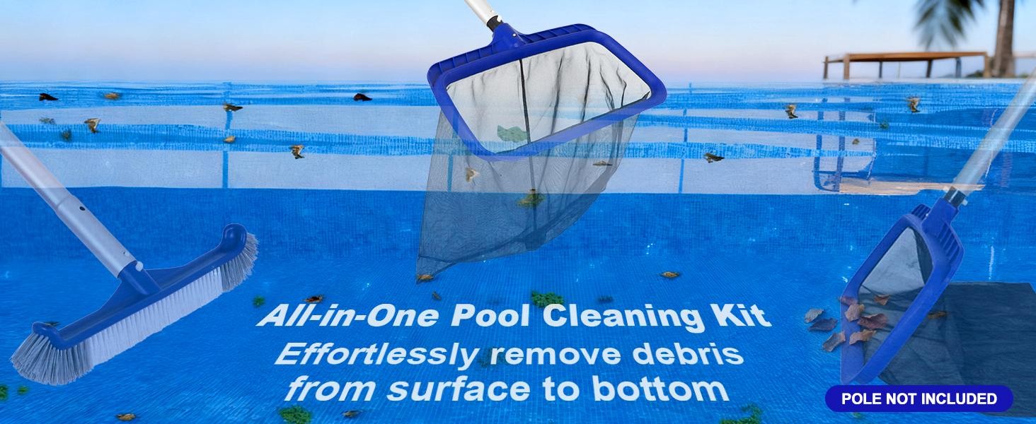 Fine Mesh Pool Skimmer Net & Pool Brush Kit, Durable Pool Cleaning Kit Includes