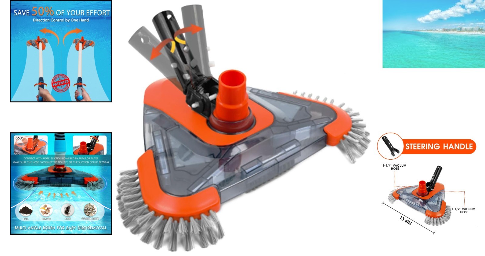 Universal Steering Pool Vacuum with Side Brush for All Inground & Above Pools