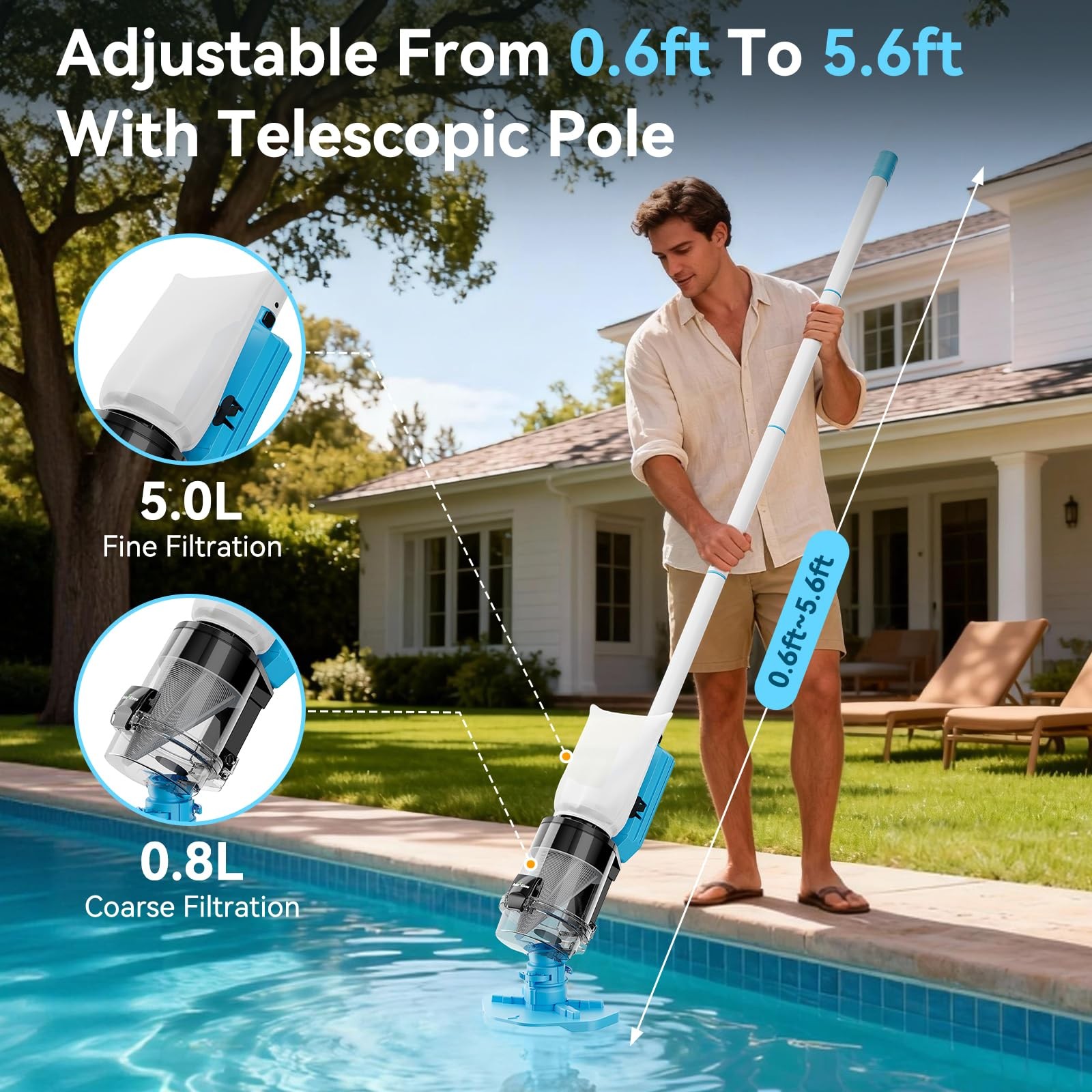 Cordless Pool Vacuum with Telescopic Pole, Powerful 30 GPM Suction, Advanced …