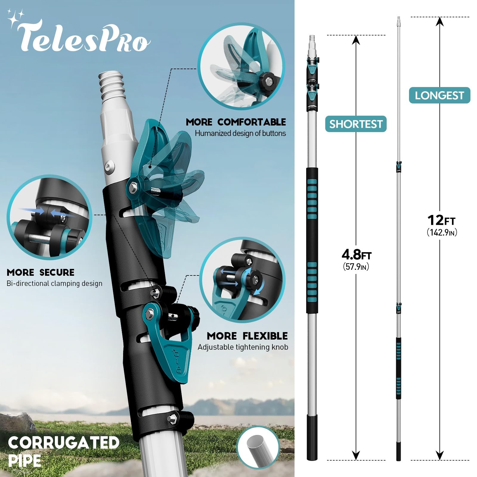 TelesPro 20 Feet High Reach Cobweb Duster with 5-12Ft 12 FT, Lake Blue