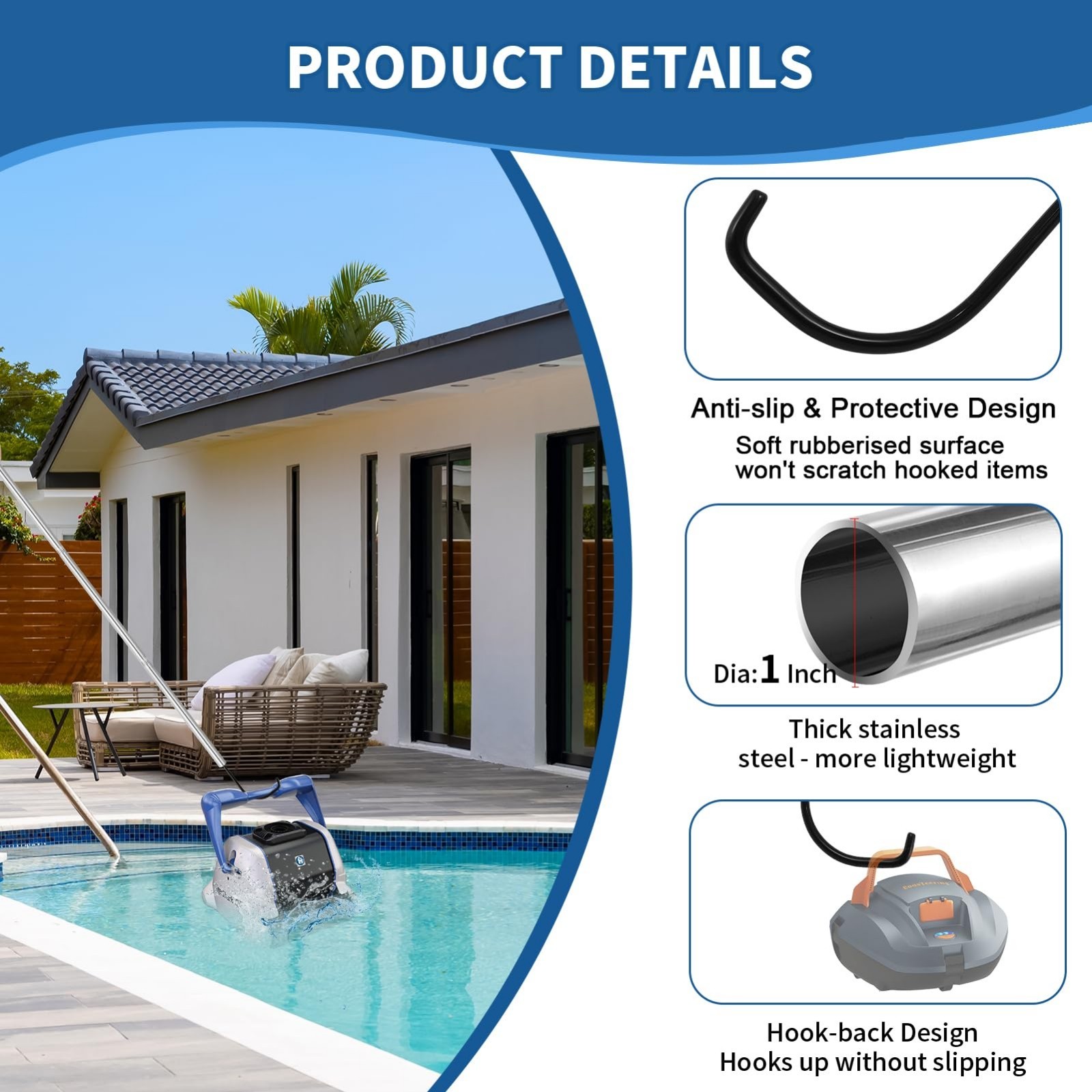 Adjustable 68&Prime; Pool Retrieval Hook & Aluminum Pole for Robotic Cleaners, Skimmer
