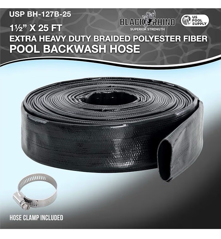 U.S. Pool Supply Black Rhino 1-1/2&Prime; x 25&prime; Pool Backwash Hose with Hose Clamp