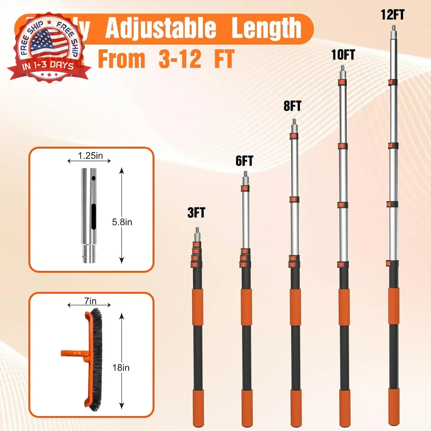 LAANPOLE Pool Brush with Pole, 12FT Heavy Duty Telescopic Pool Pole with 18&Prime; Poo
