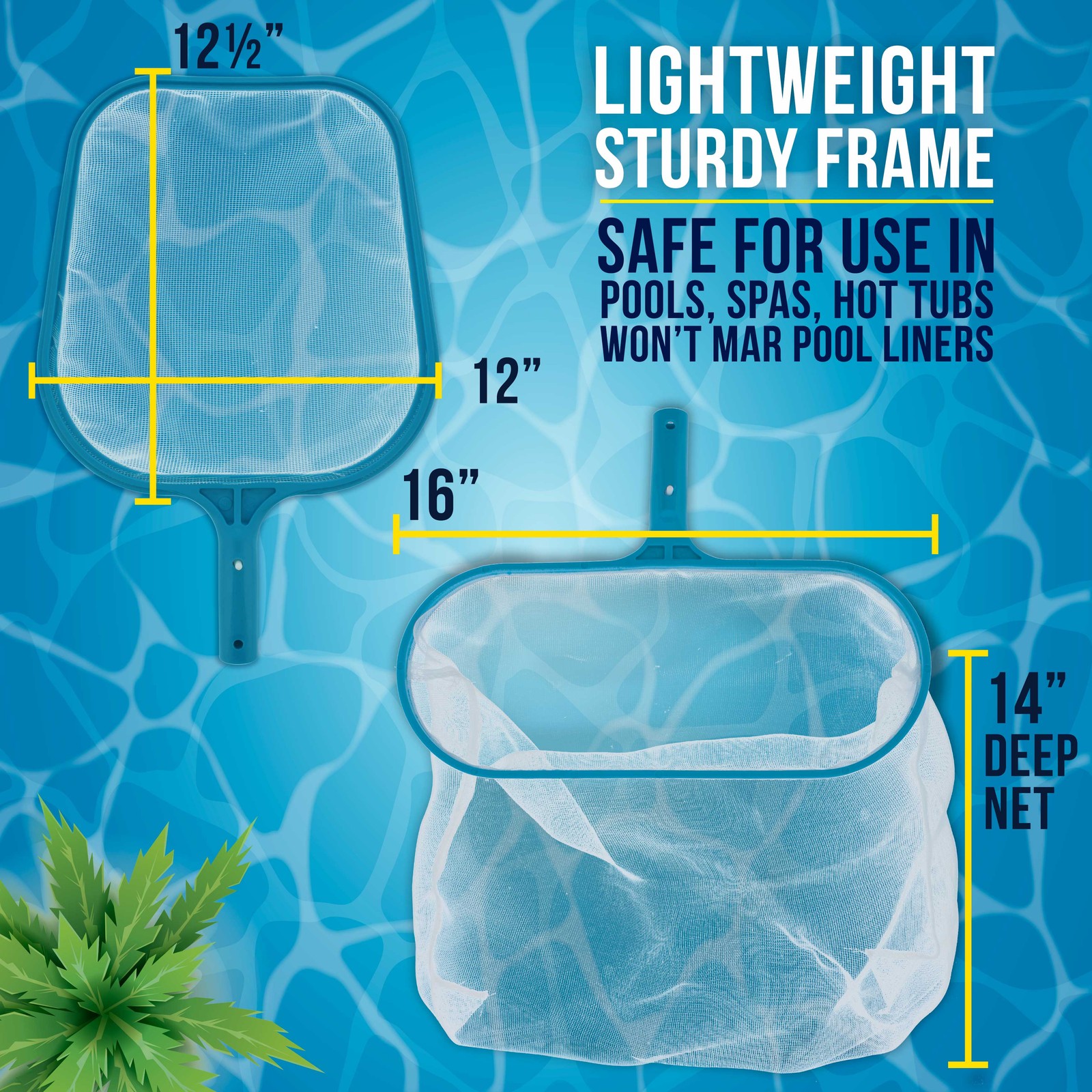 Swimming Pool 12&Prime; Leaf Skimmer Net & 16&Prime; Rake Net Set – Fine Mesh Netting, Clean