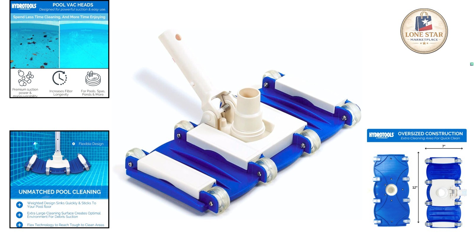 Heavy Duty Hydrotools Vacuum Head Attachment with Integrated Wheels & Durability