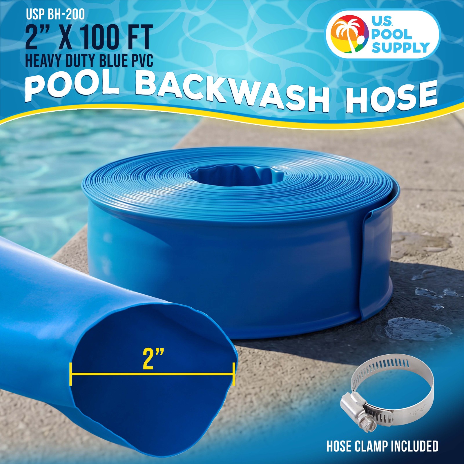 2&Prime; x 100&prime; Heavy Duty Blue Swimming Pool Backwash Hose with Clamp, Discharge