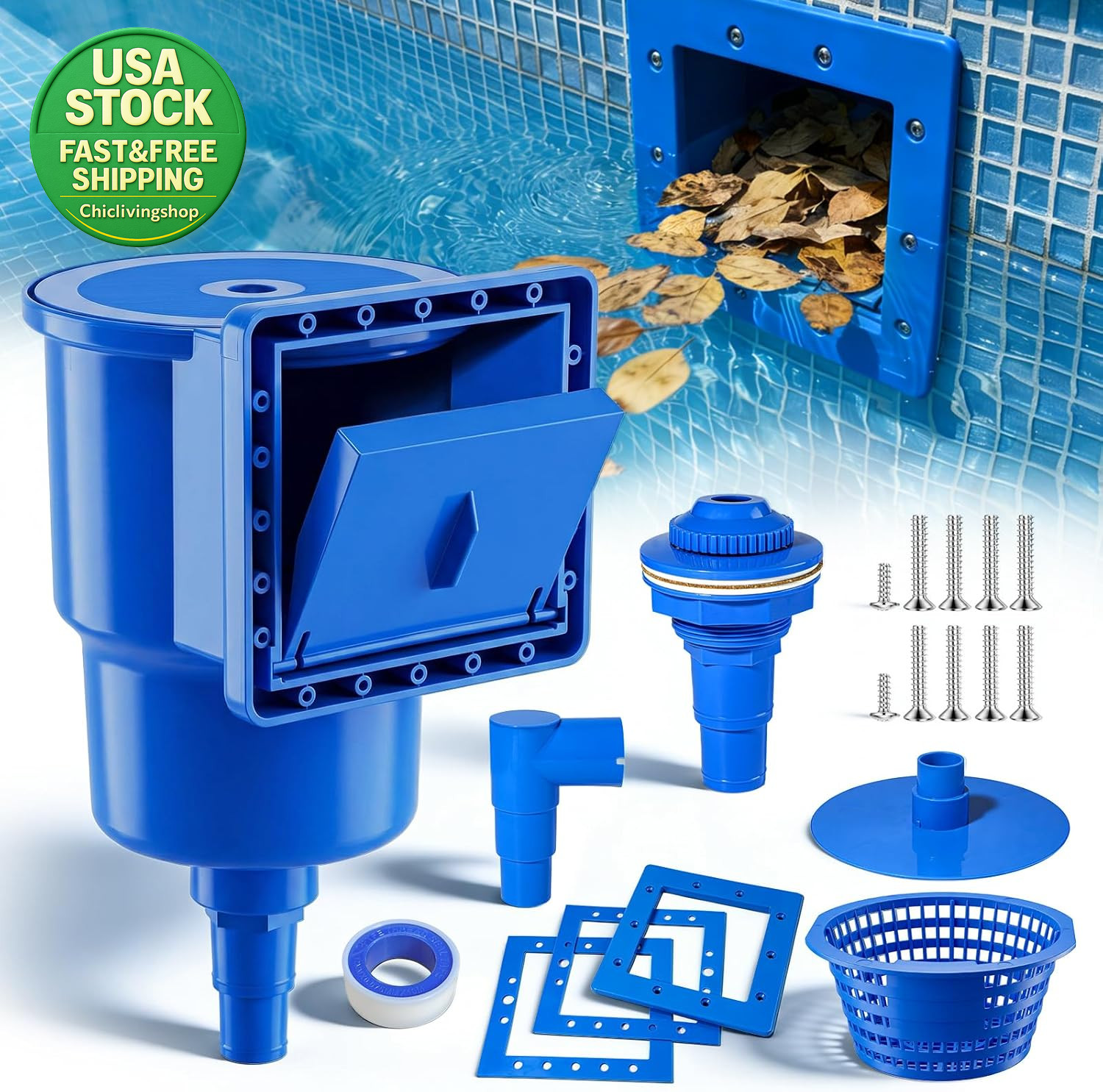 Above Ground Pool Skimmer Heavy Duty through Wall Kit Universal Fit Klein Blue