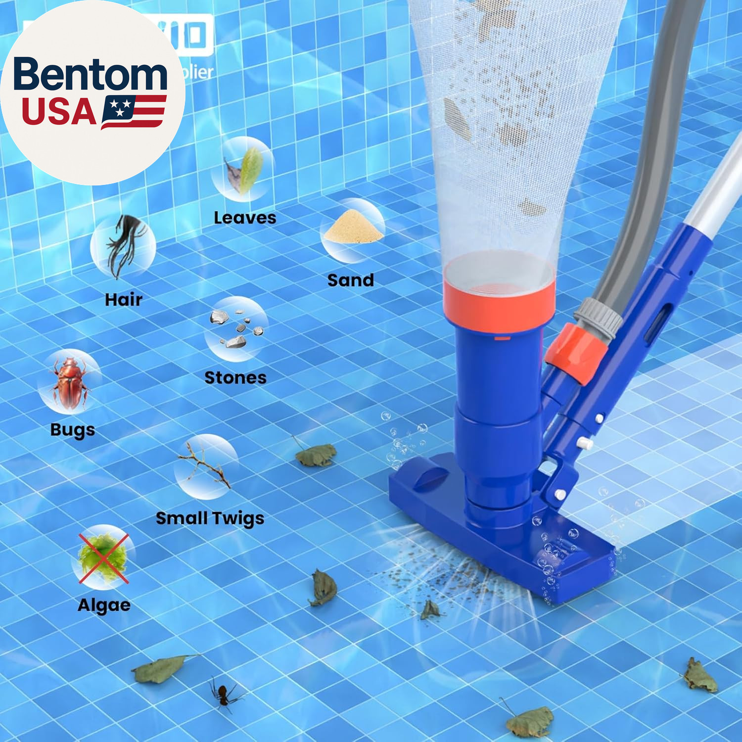 Pool Cleaning Kit with Spa Jet Vacuum Cleaner, 8-Foot Pole, Leaf Rake Net & roun