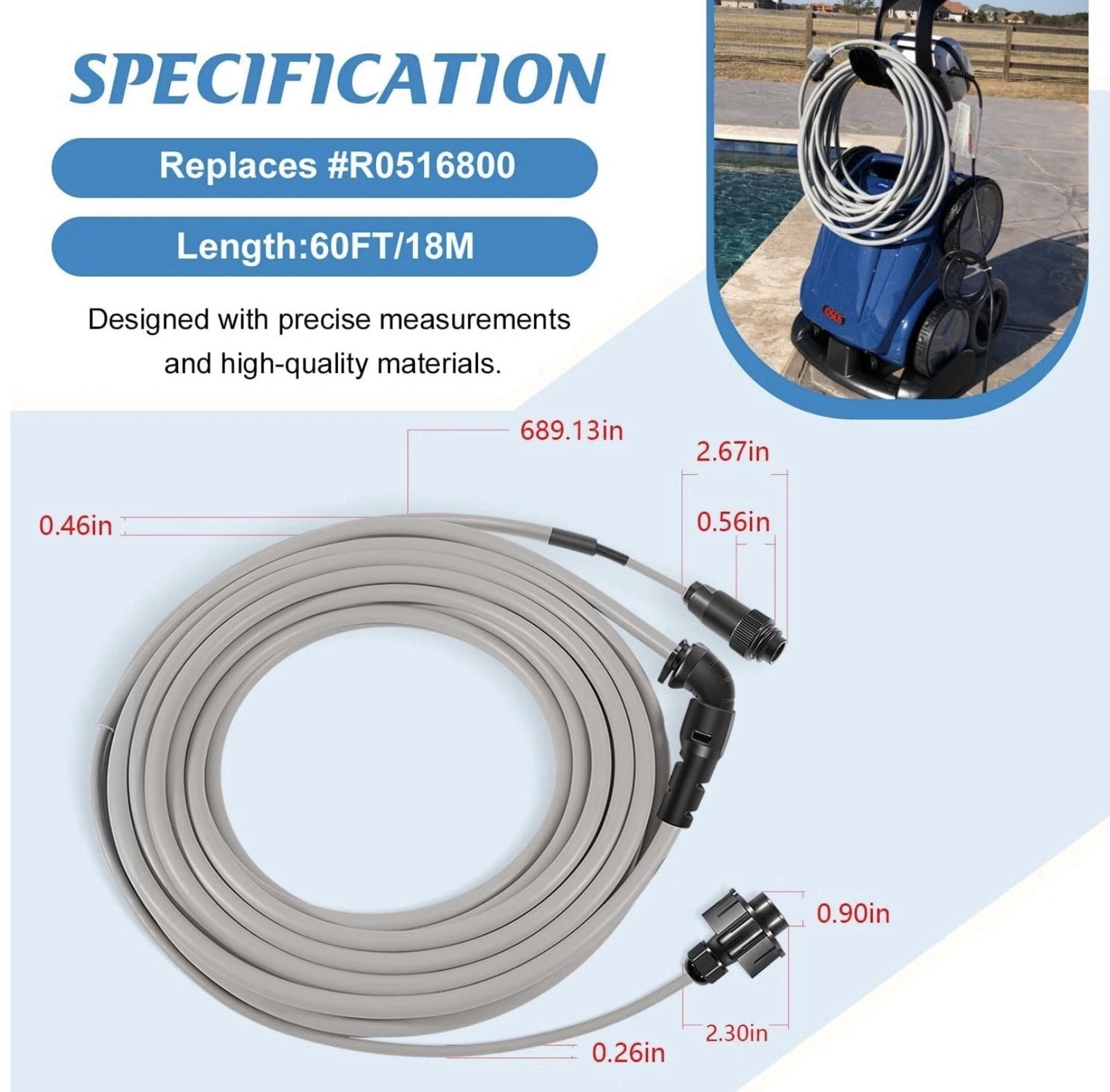 for Polaris Zodiac Sport Robotic Pool Cleaner R0516800 Floating Cable 60FT (18M)